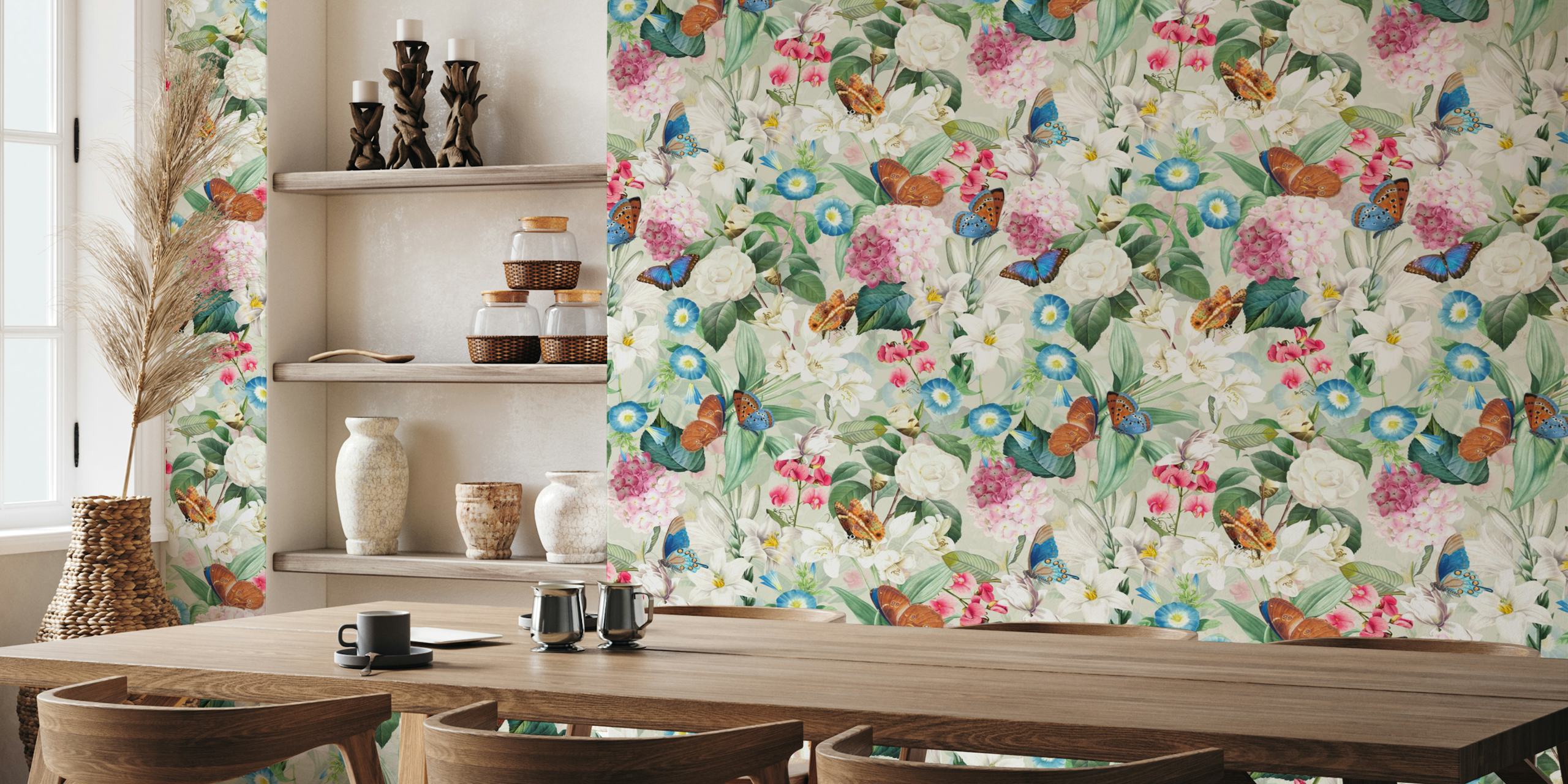 Colorful floral and butterfly pattern wallpaper with soft pastels