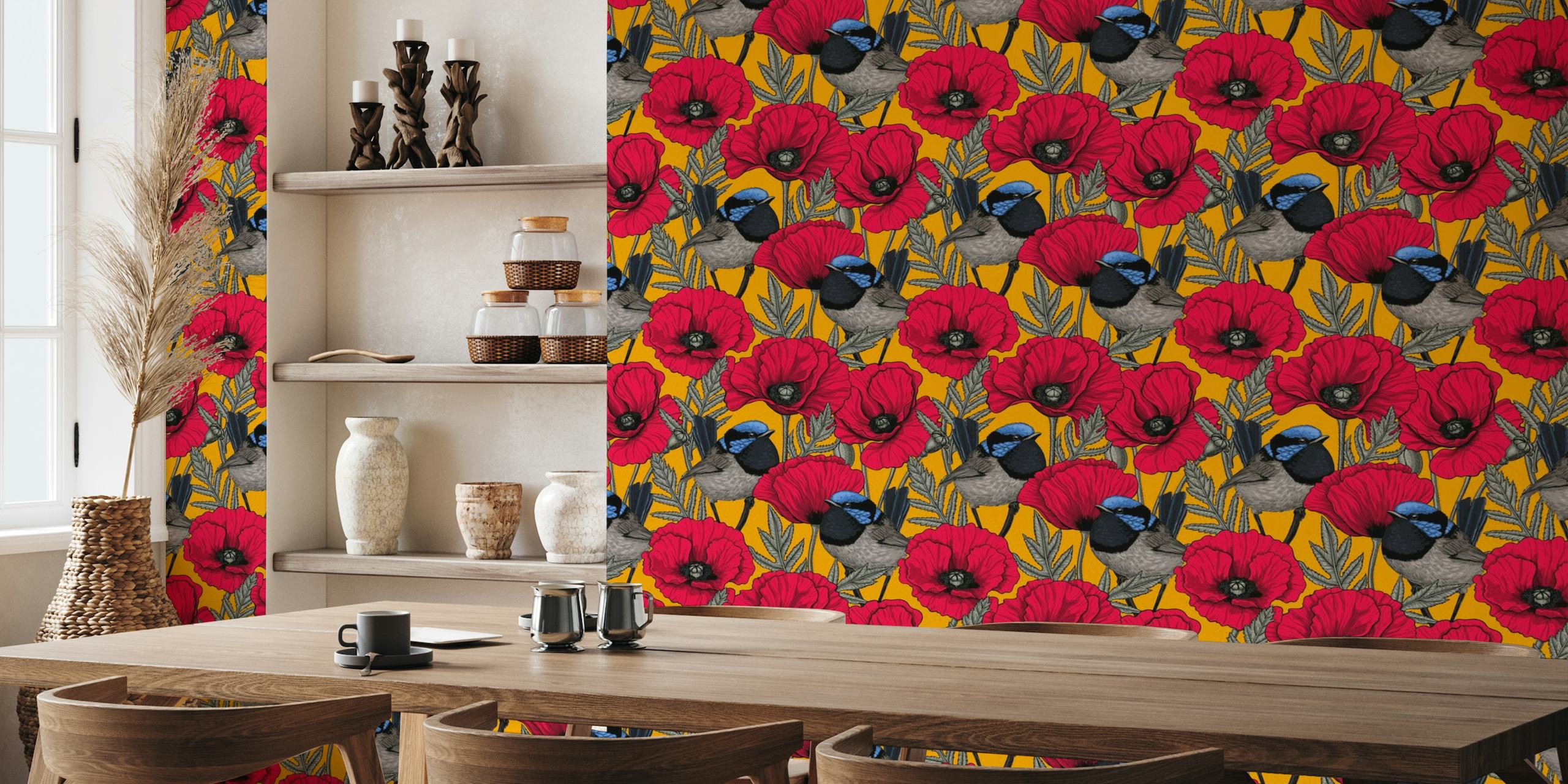 Fairy wrens and red poppies on orange wallpaper