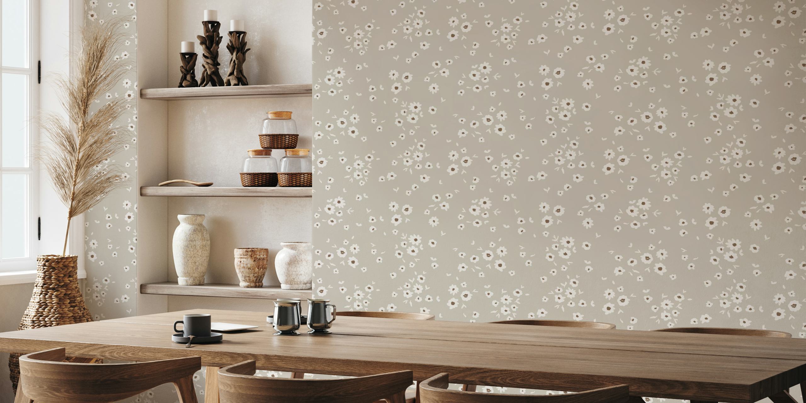 beige floral wallpaper with daisies and leaves