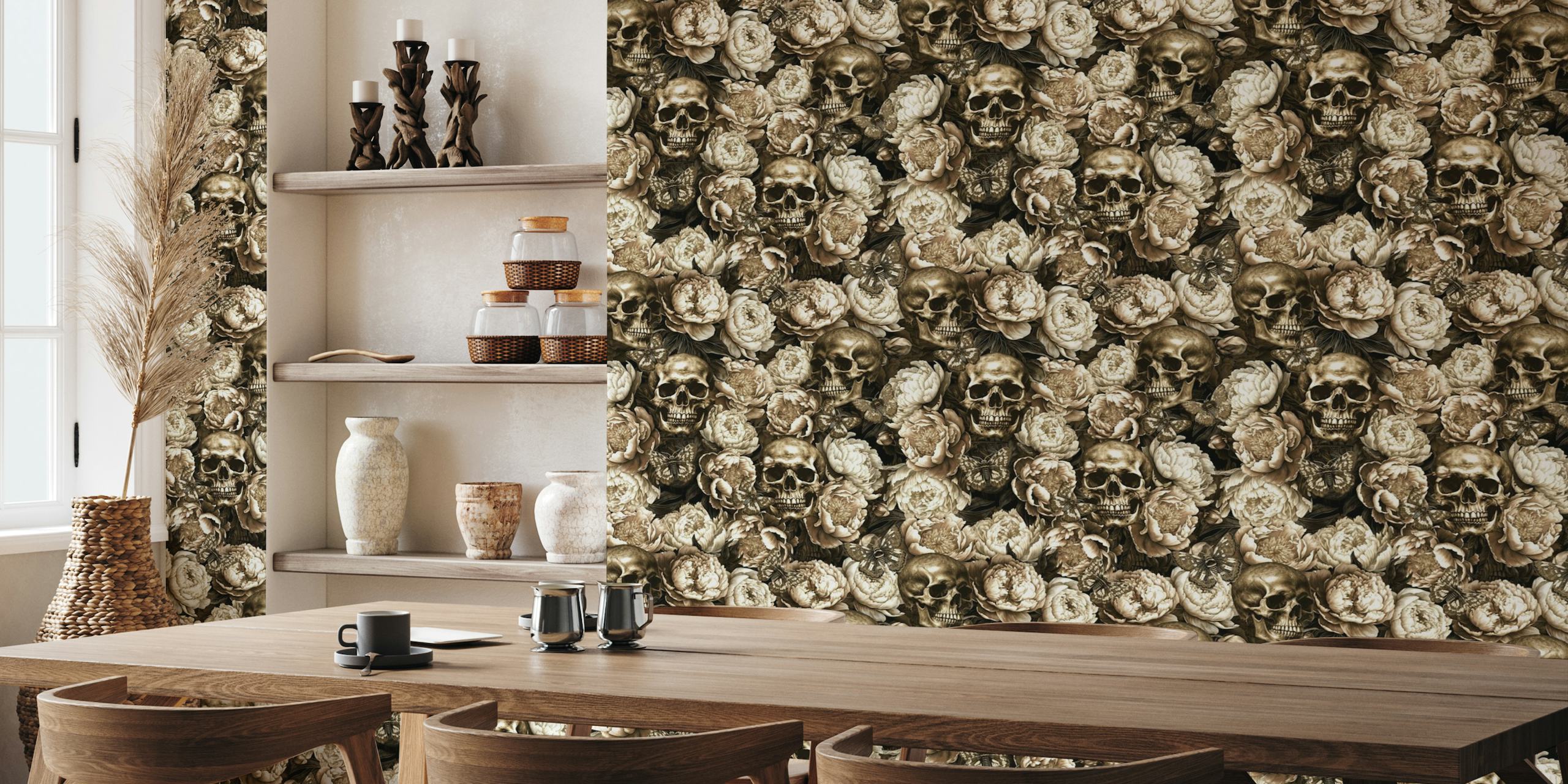 Dark-themed wall mural with baroque floral patterns and gothic skulls from happywall.com