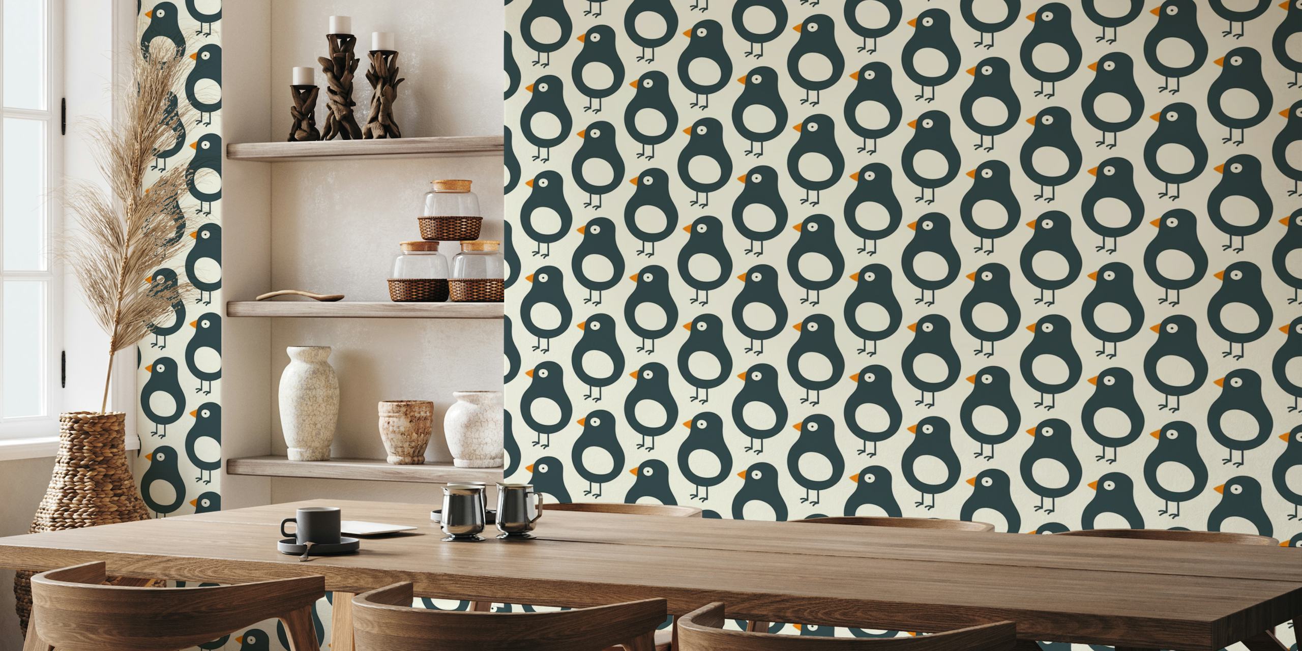 Whimsical bird pattern wall mural with earthy tones on a light background