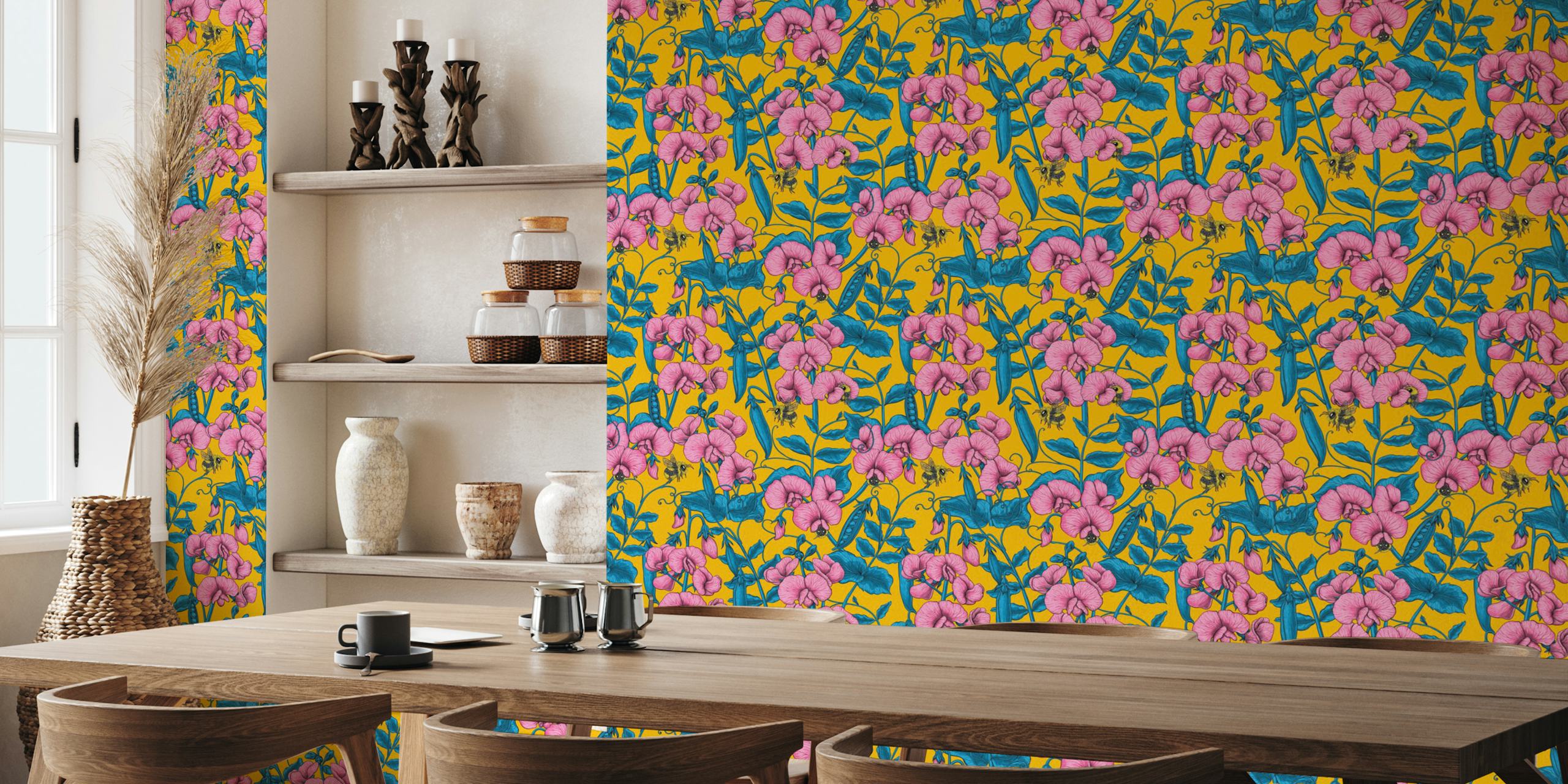 Sweet peas and bumblebees design della carta da parati