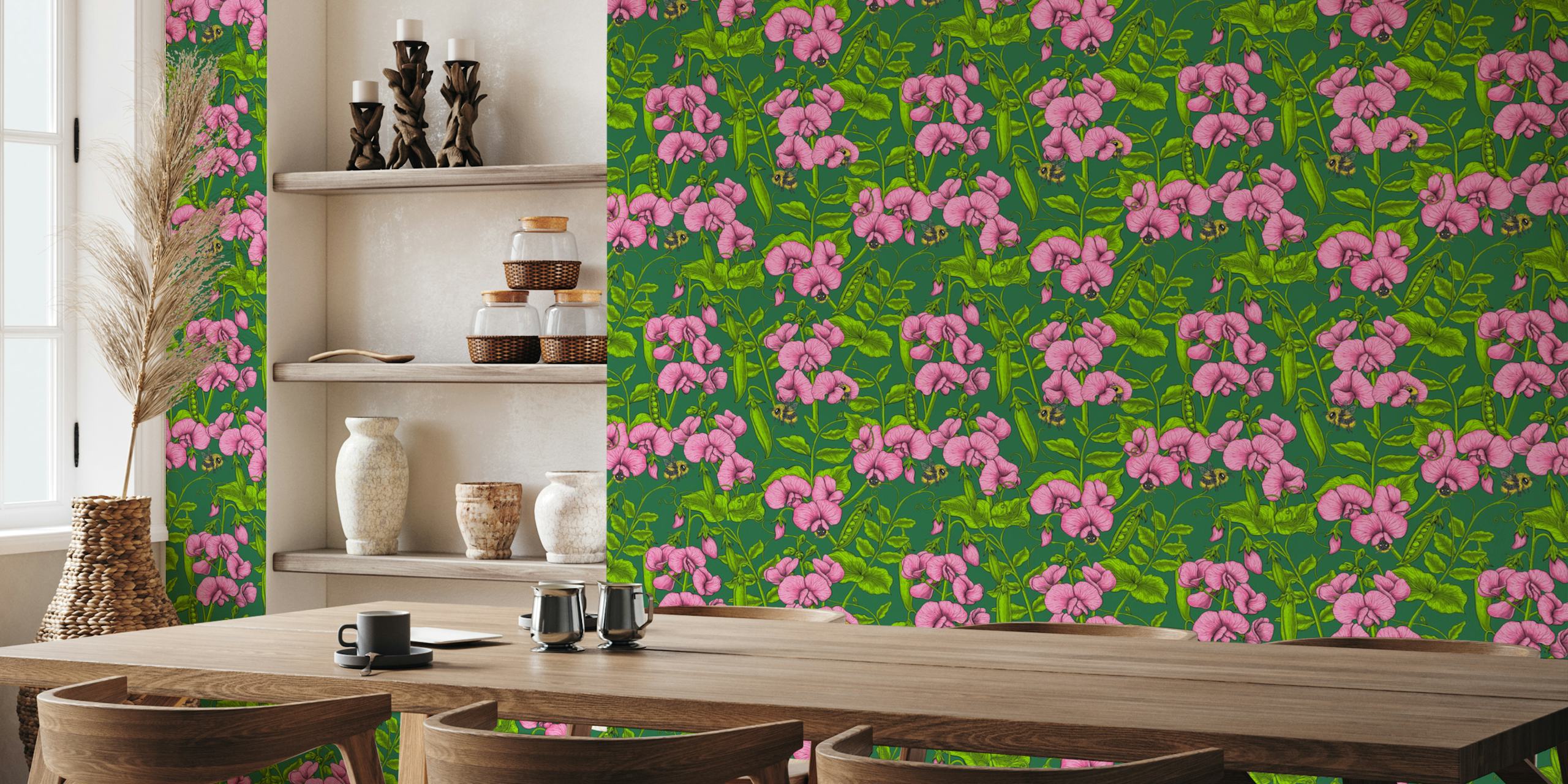 Sweet peas and bumblebees patrón de papel tapiz