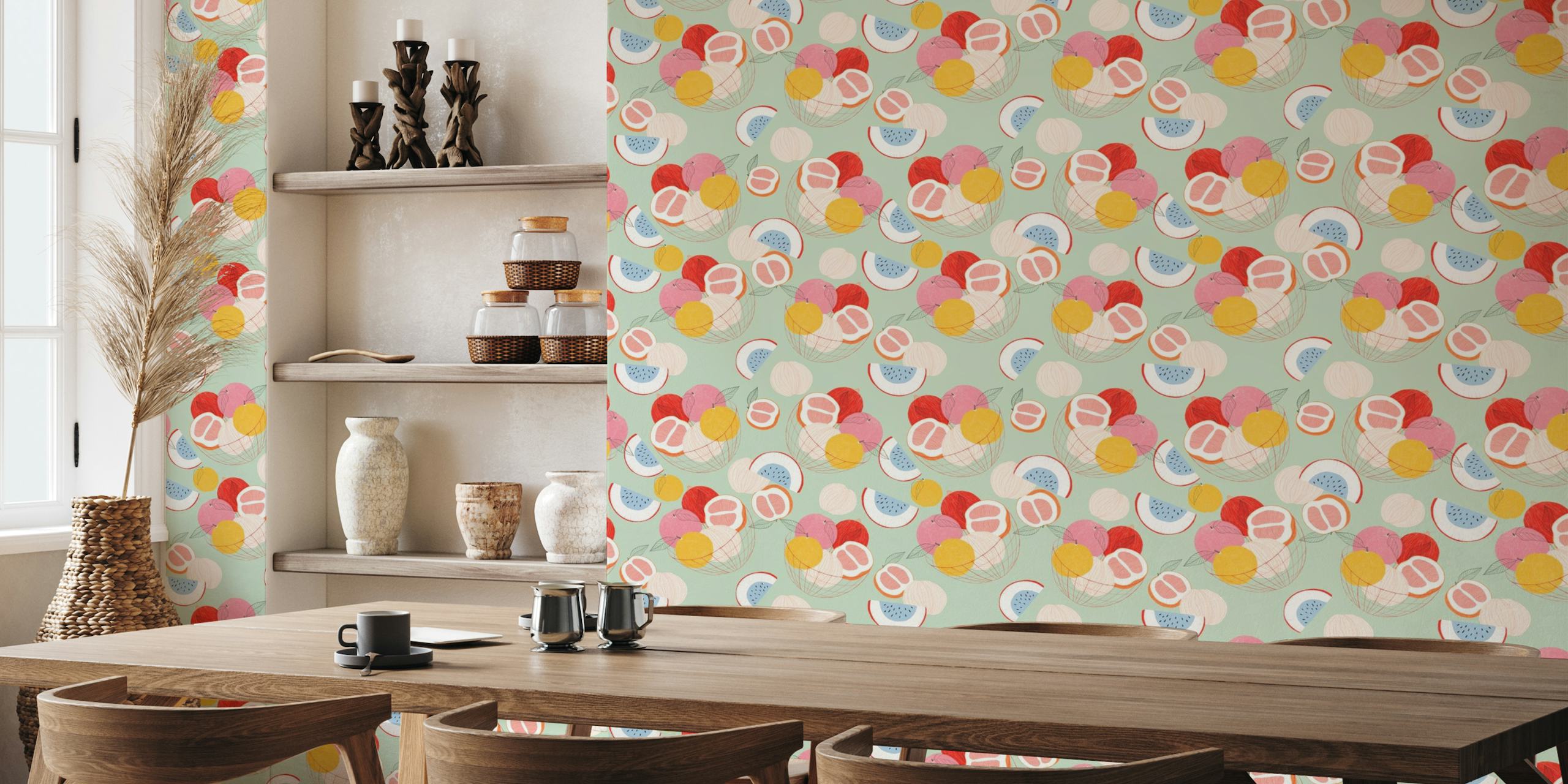 Hand-painted style fruits illustration on pastel background wall mural
