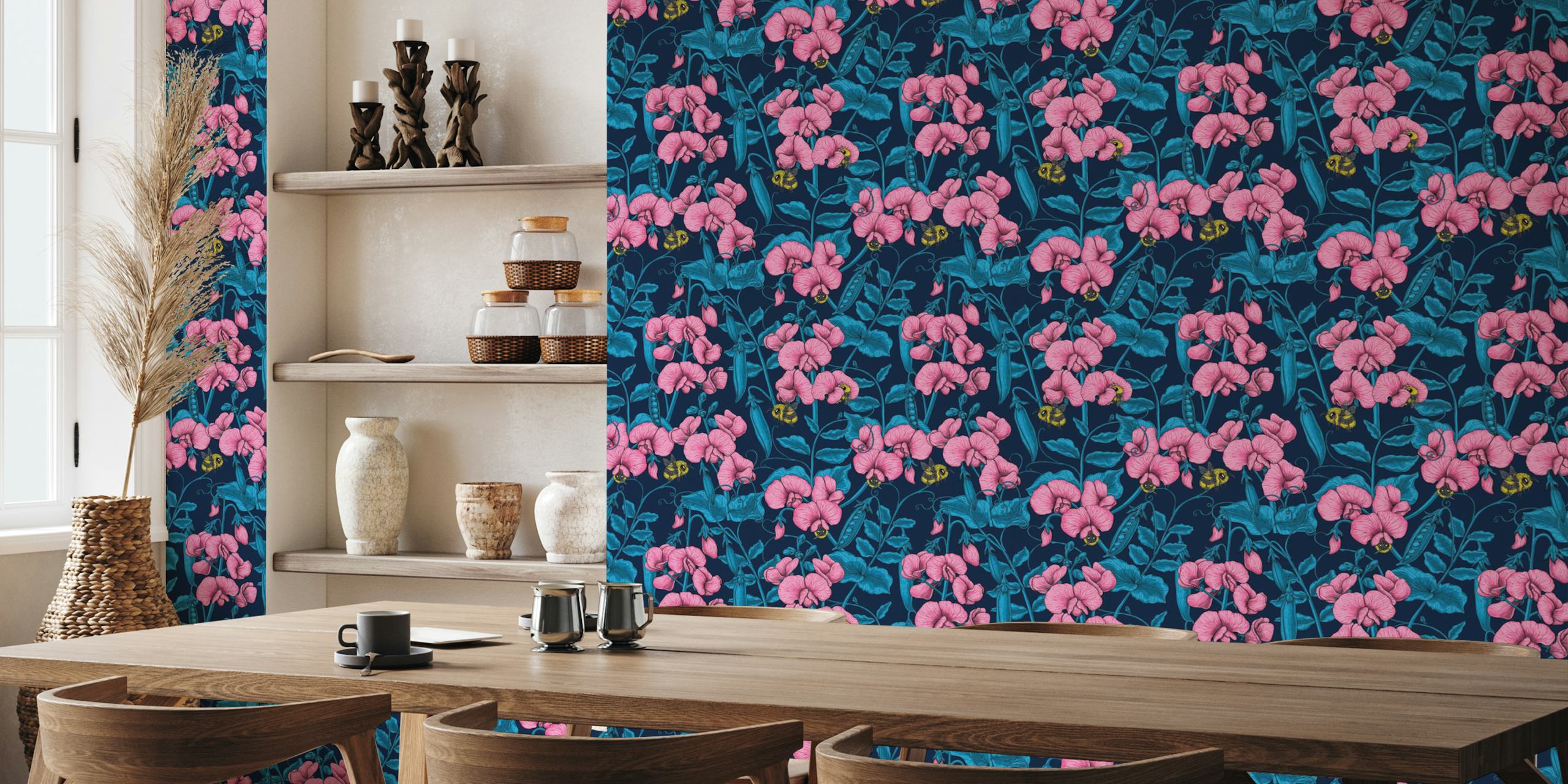 Sweet peas and bumblebees wallpaper in a room