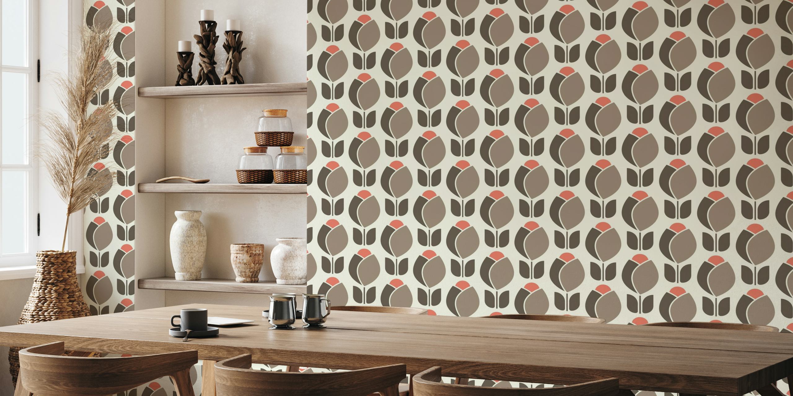 Retro brown and beige tulip pattern wall mural with dashes of pink