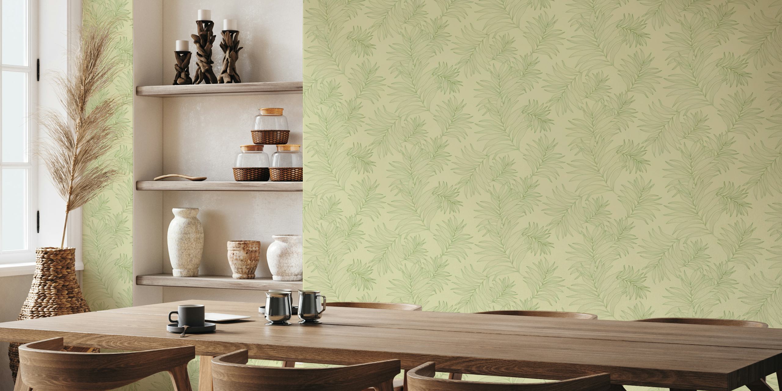 Green leaf pattern wallpaper on light green background