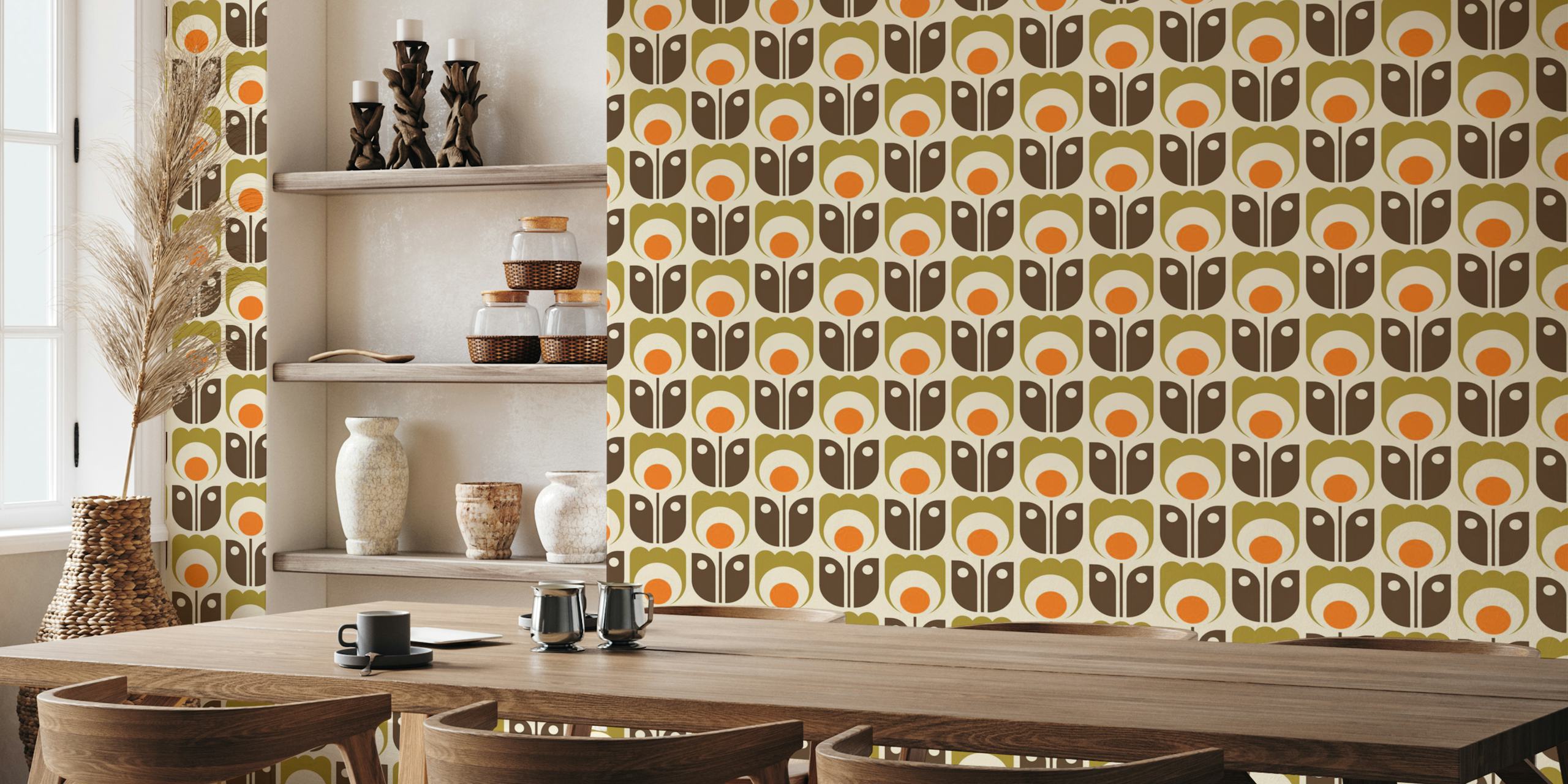 Retro floral pattern with orange, brown, and green colors wallpaper