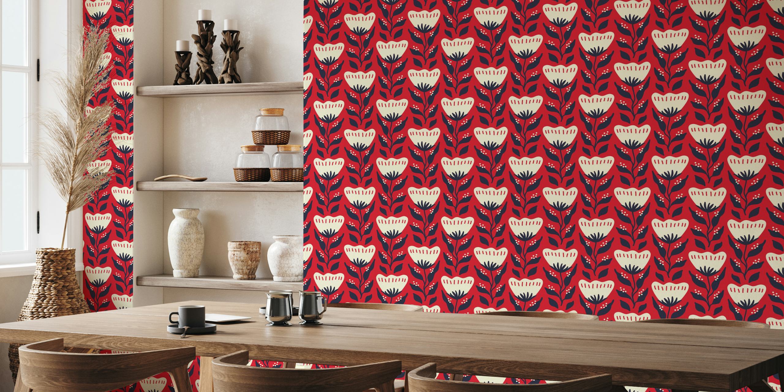 Folk flower pattern with red background and cream flowers wallpaper