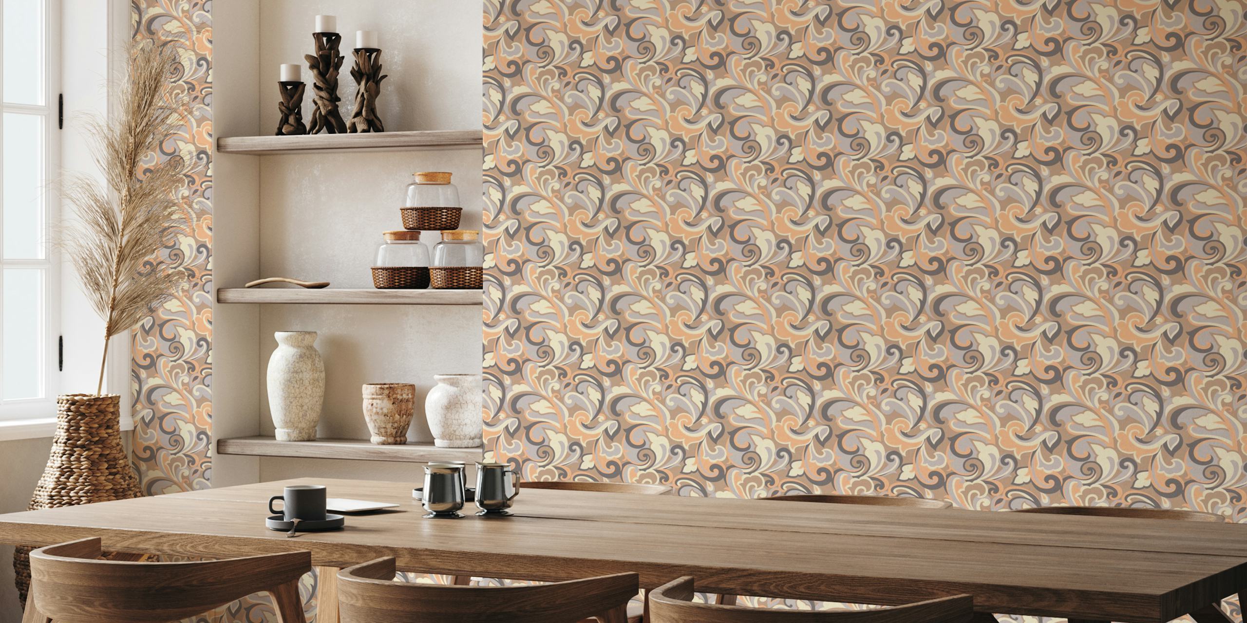 1970s neutral swirls in beige, peach, and gray tones wallpaper