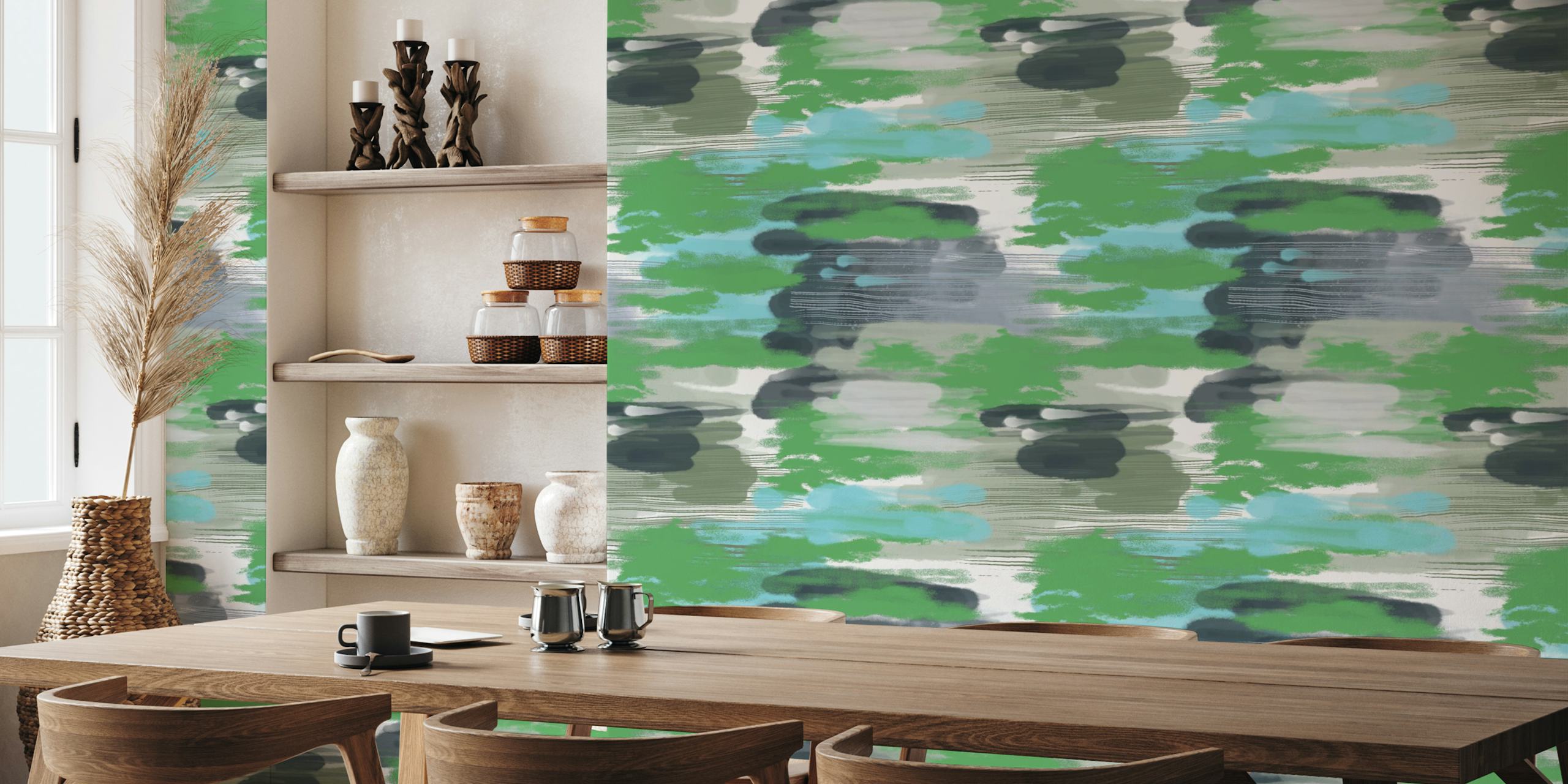 Abstract green, blue, and grey wallpaper with soft brush strokes