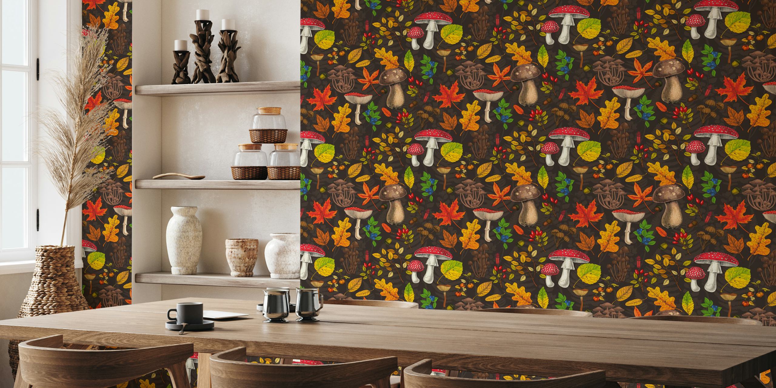 Autumn-themed wall mural with mushrooms, fallen leaves, nuts, and berries on a dark brown background