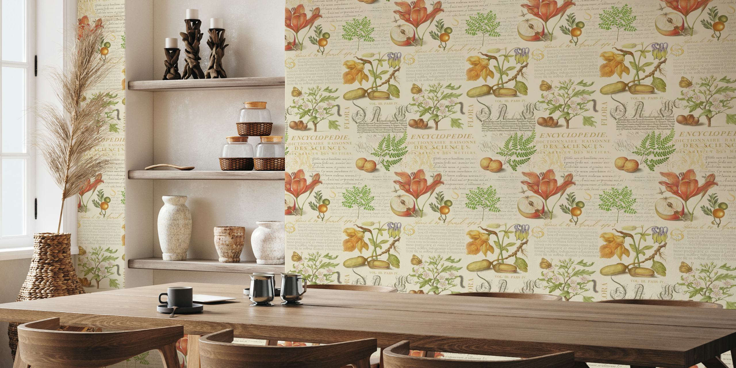 Botanische wallpapers met fruit en kalligrafie