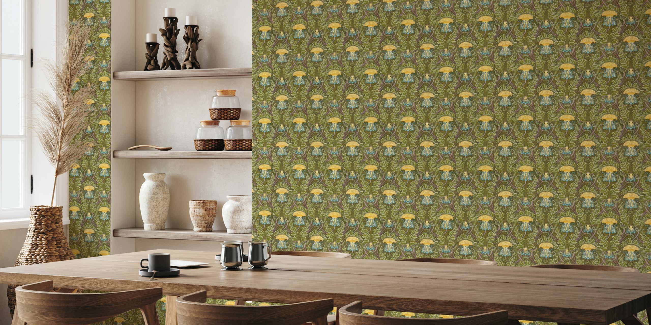 Dandelion Flowers Arts and Crafts style wallpaper mural design by Maurice Pillard Verneuil.