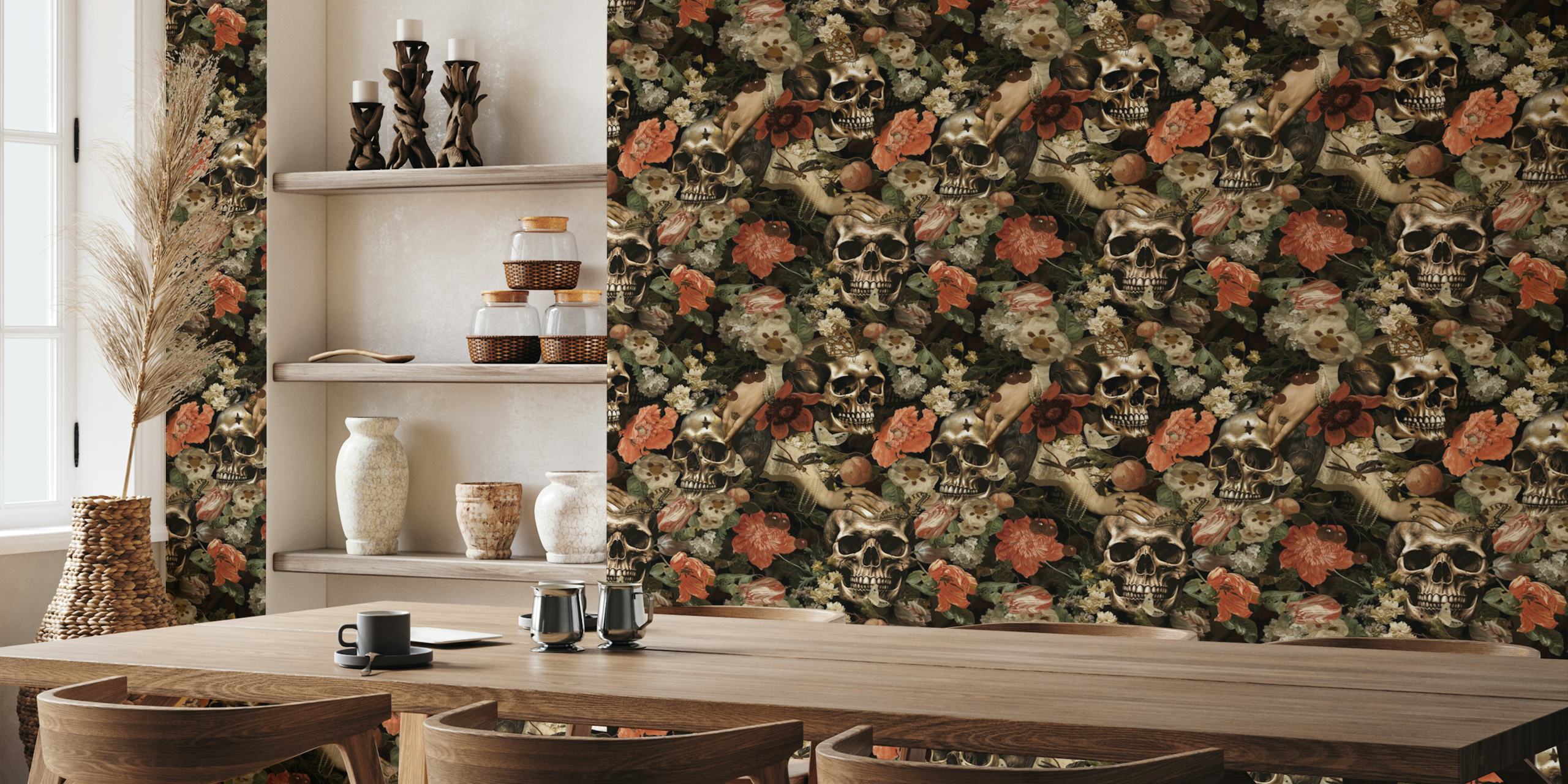 Dark gothic skulls and baroque botanical patterns on a midnight garden wall mural
