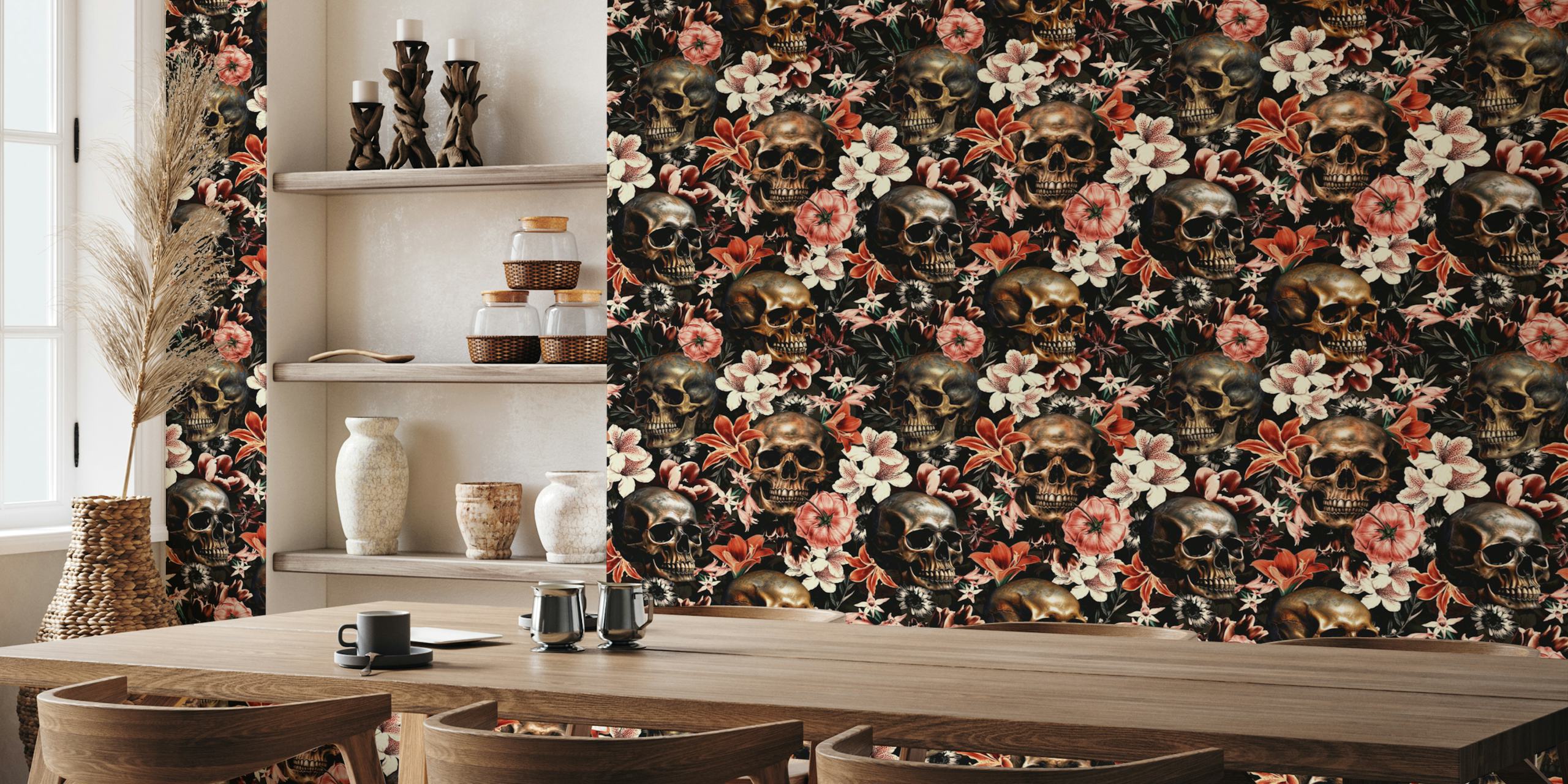 Moody dark wallpaper with skulls and flowers