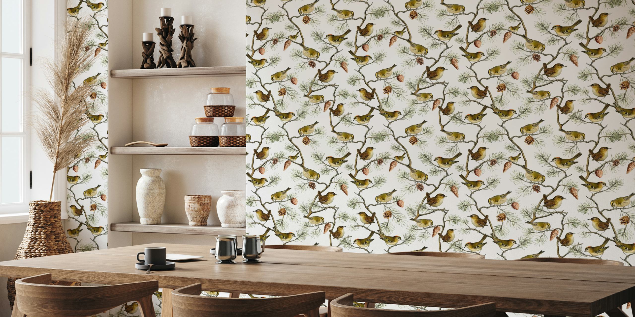 Vintage wallpaper design with birds and branches.