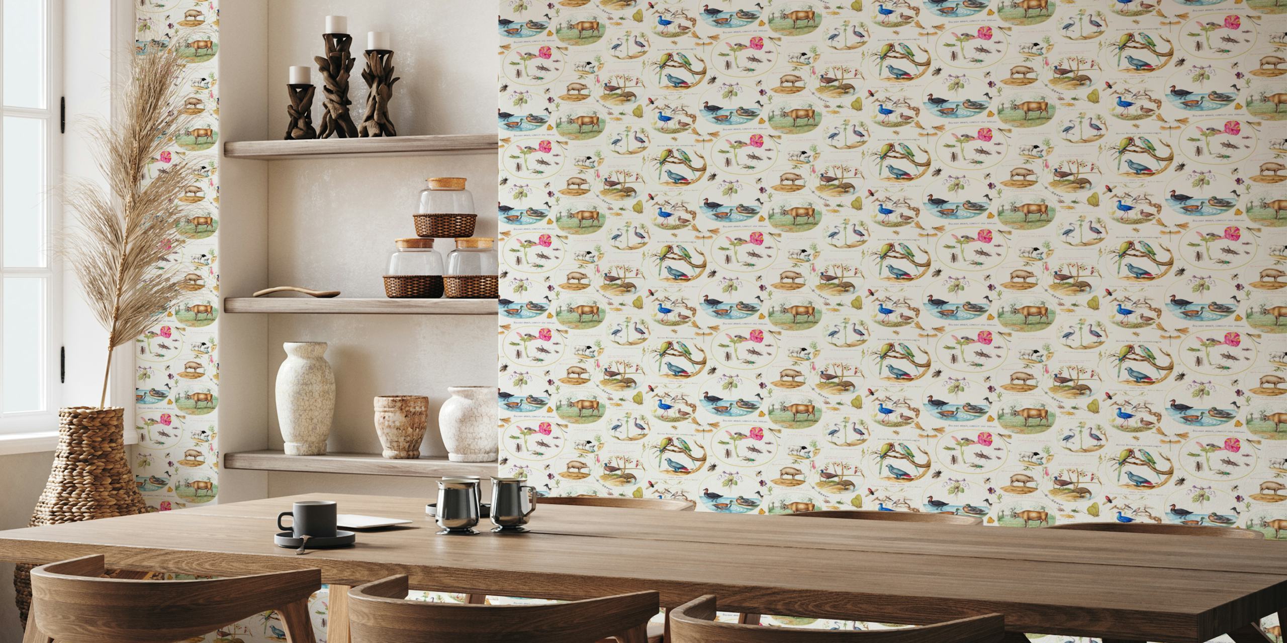 Botanical antique illustration wallpaper in a room