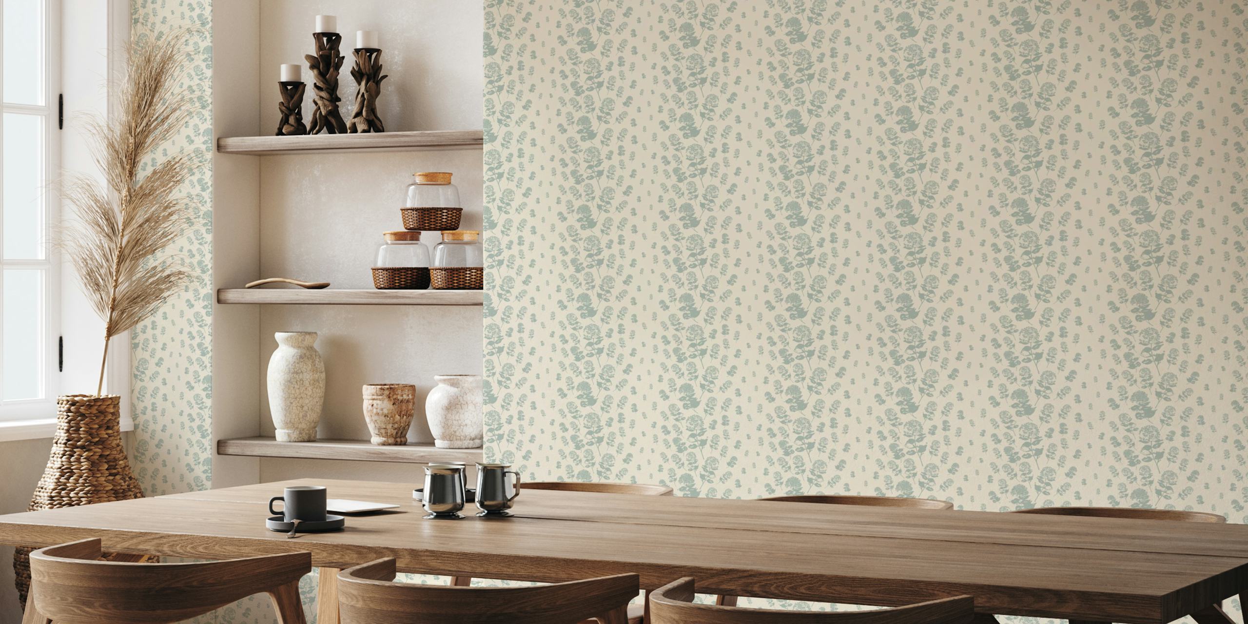 Floral pattern of hydrangeas in cream and gray wallpaper