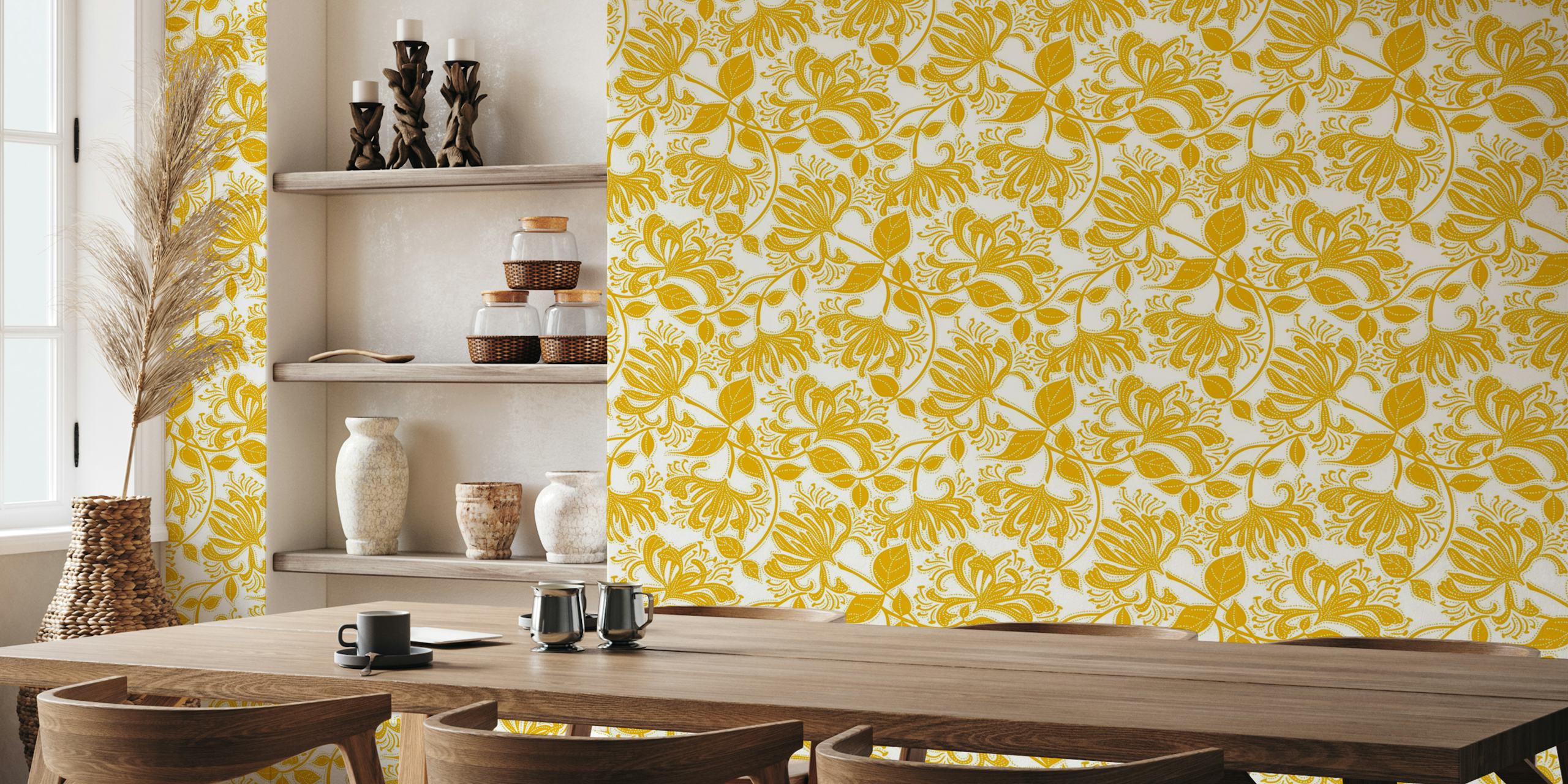 Honeysuckle stencil flowers wall mural in bumblebee yellow