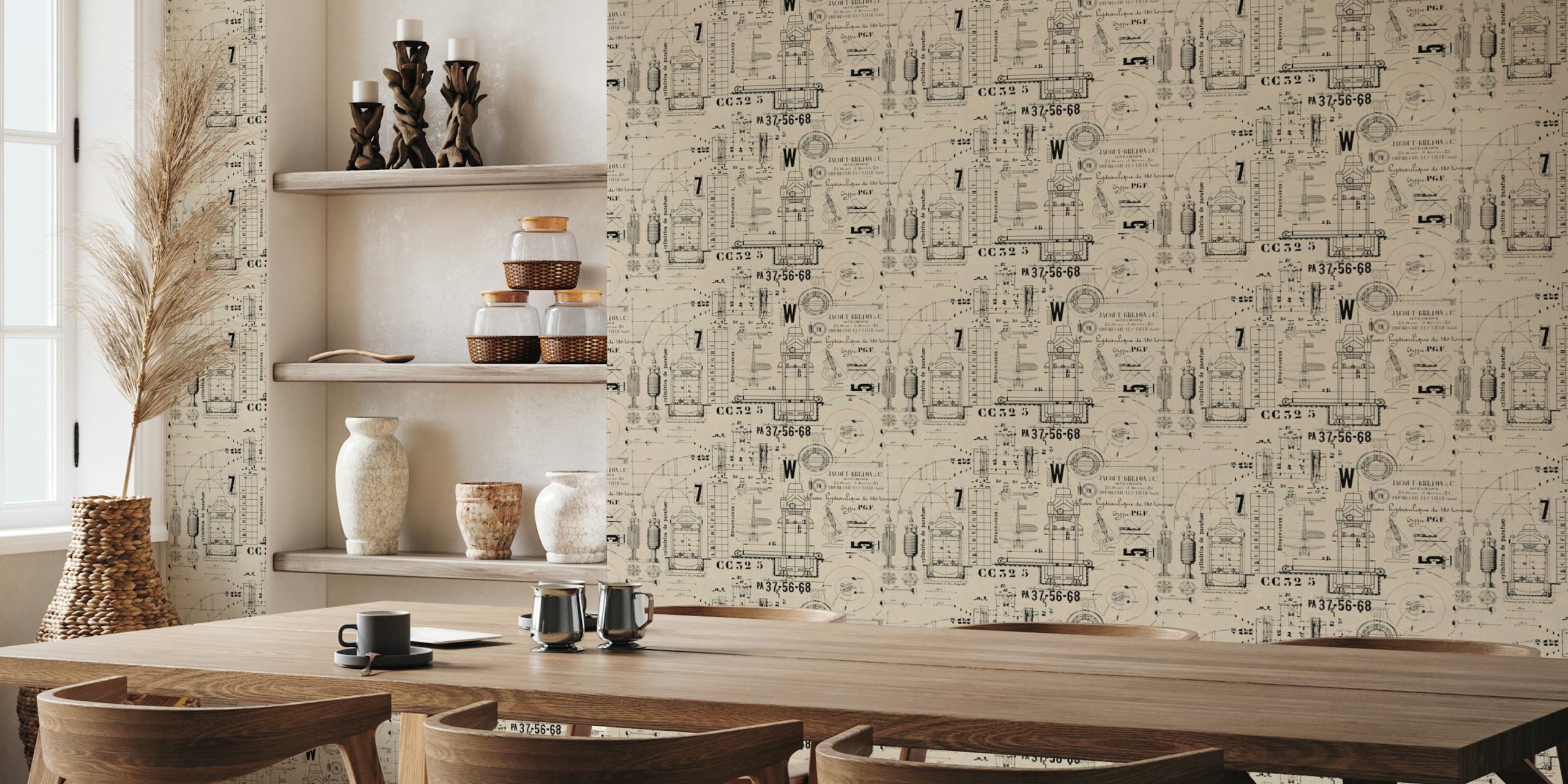 Vintage technische blauwdruk muurschildering met beige achtergrond en zwarte details