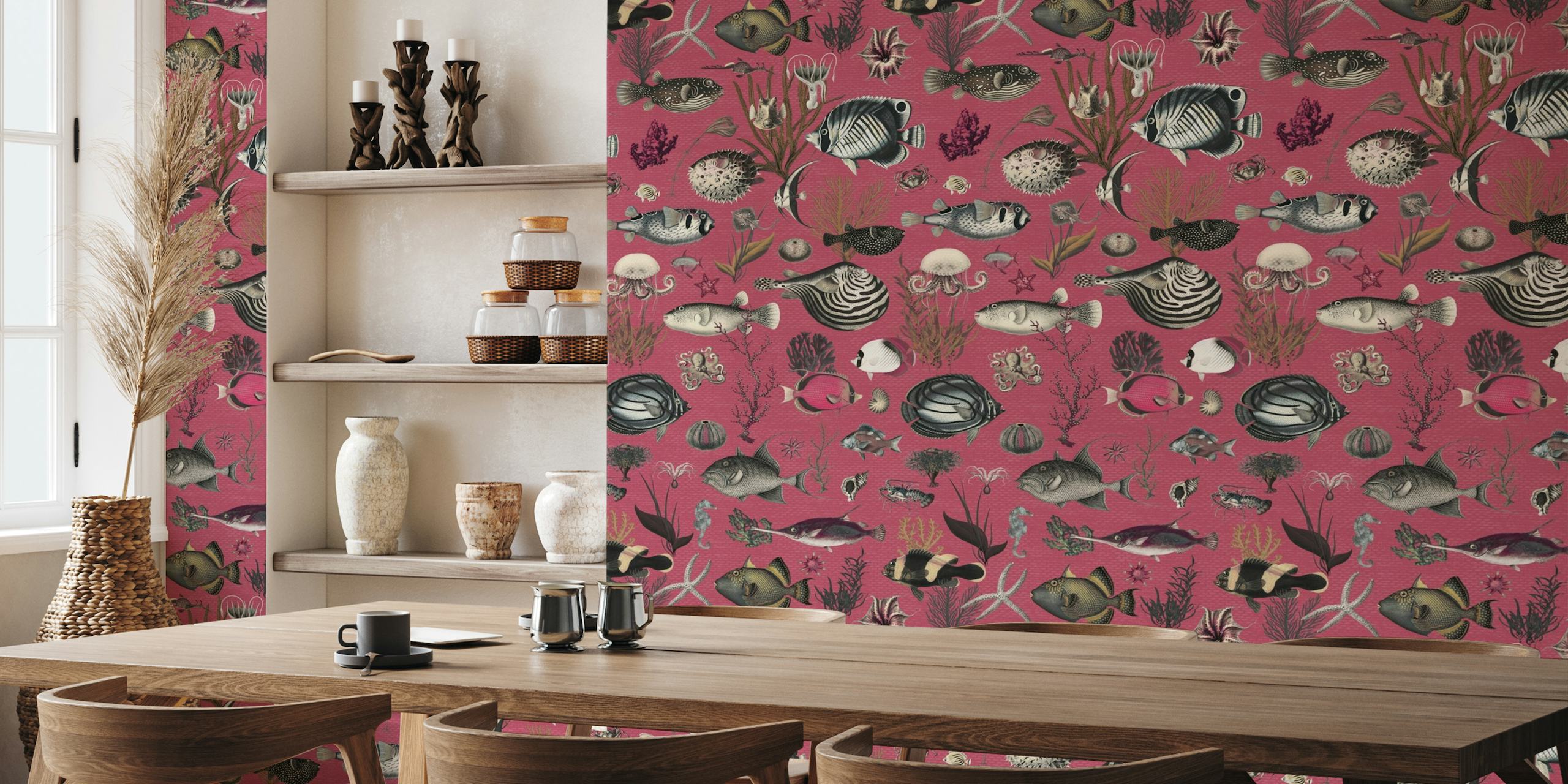 Oceania pattern in pink black mustard cream grey wallpaper