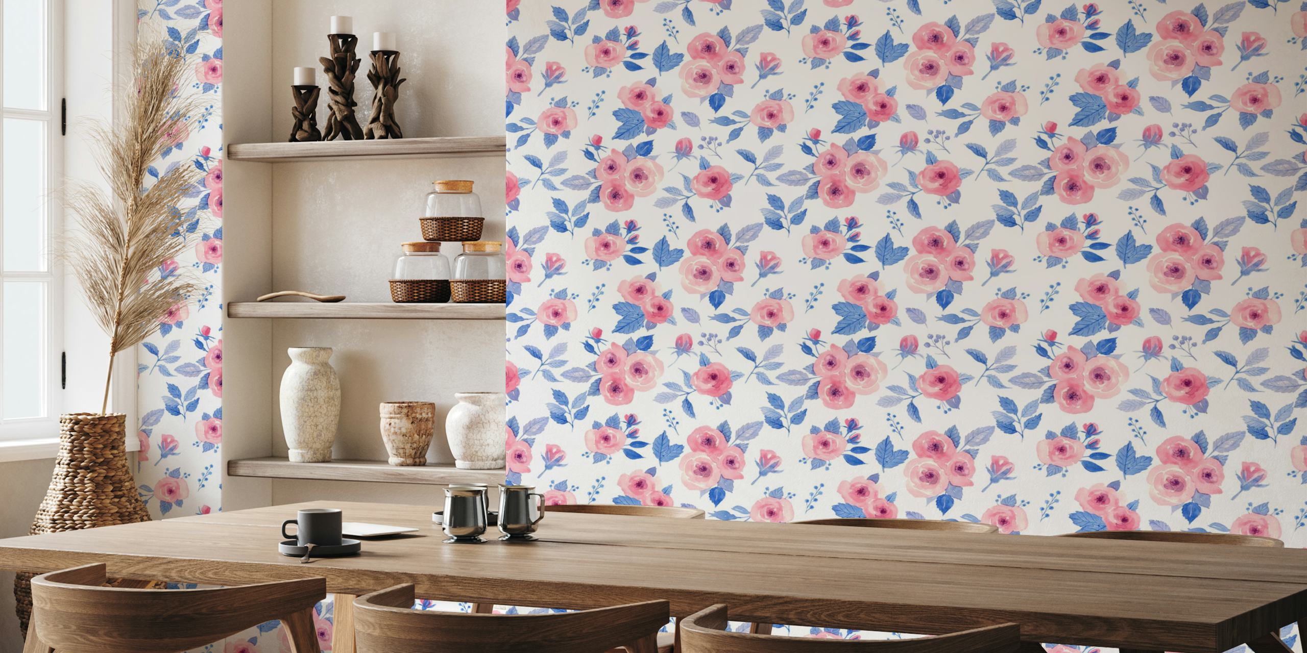 Watercolor roses in red and blue wallpaper design