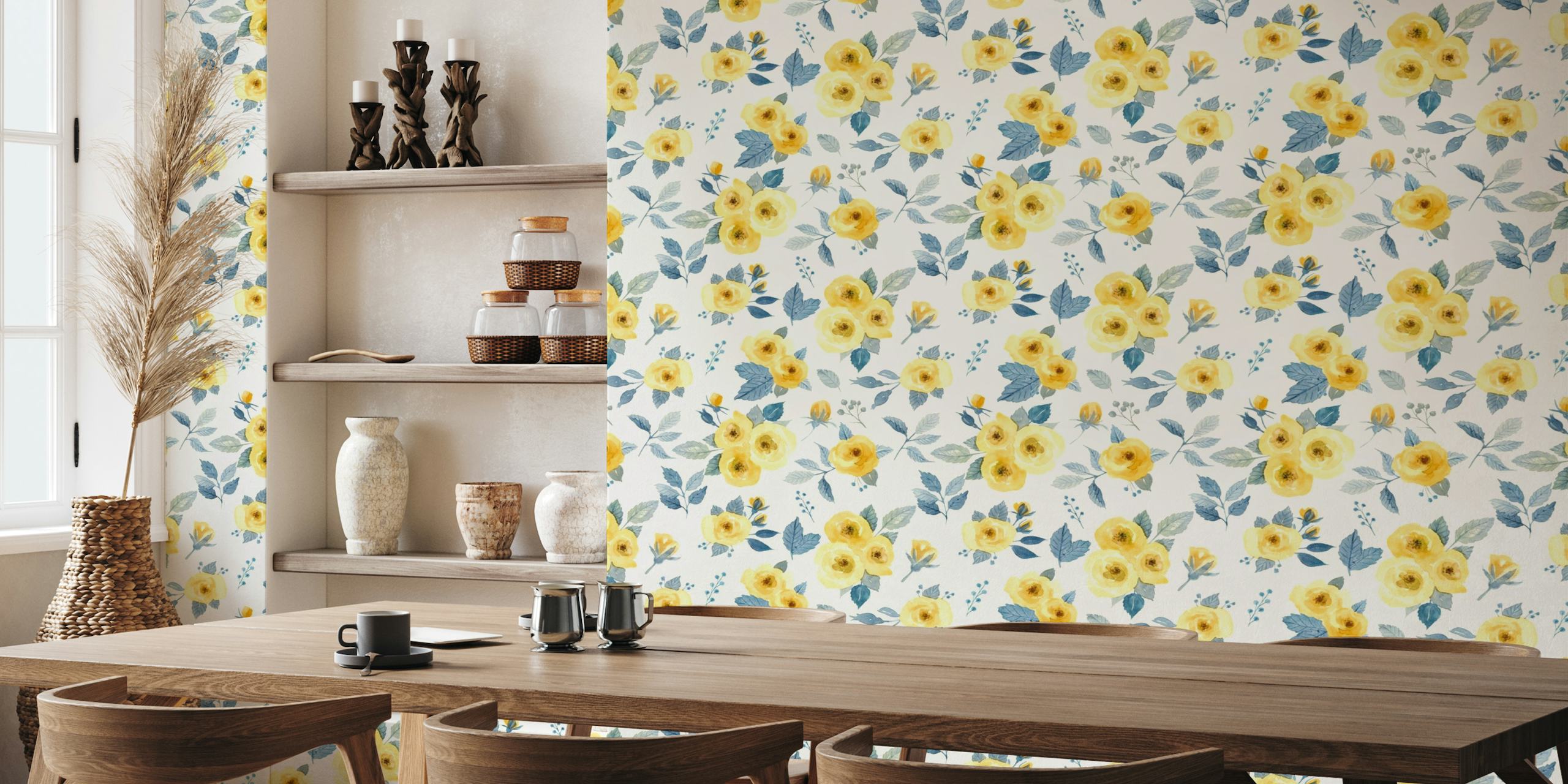 Loose watercolor roses pattern in yellow and dark blue on a wall mural