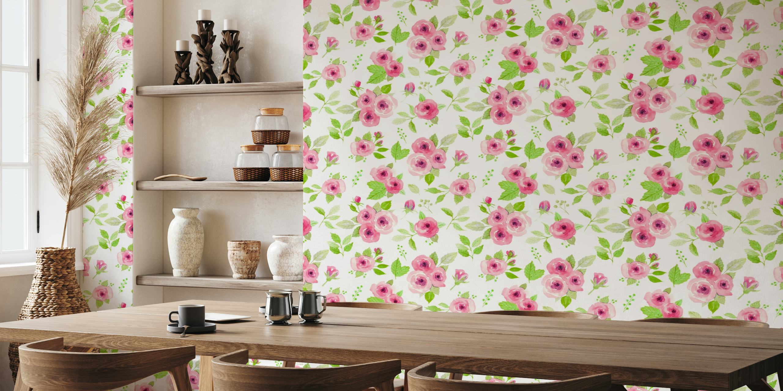Loose watercolor roses in red and green wallpaper