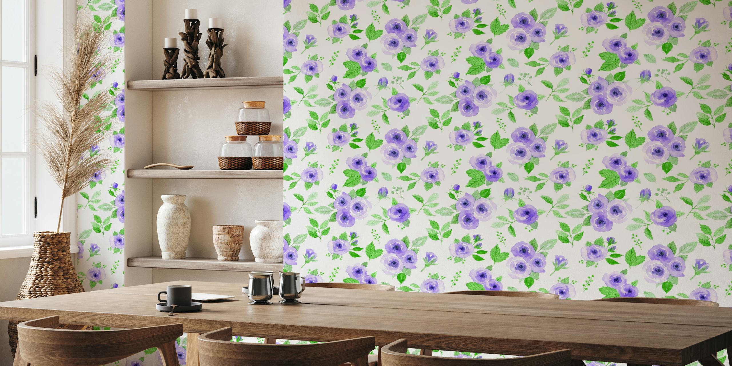 Loose watercolor roses in violet and green wallpaper