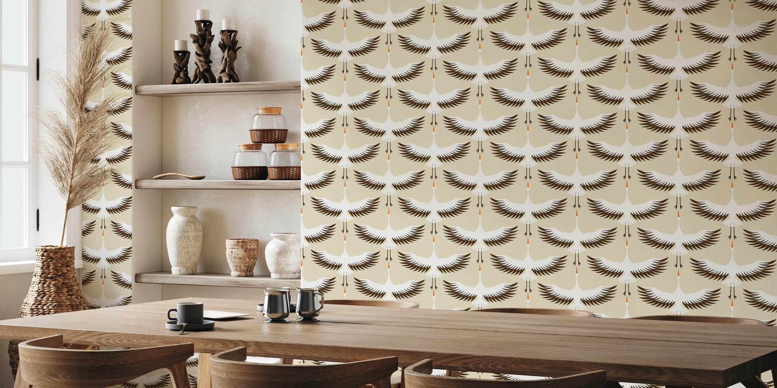 Flying storks wallpaper in a room