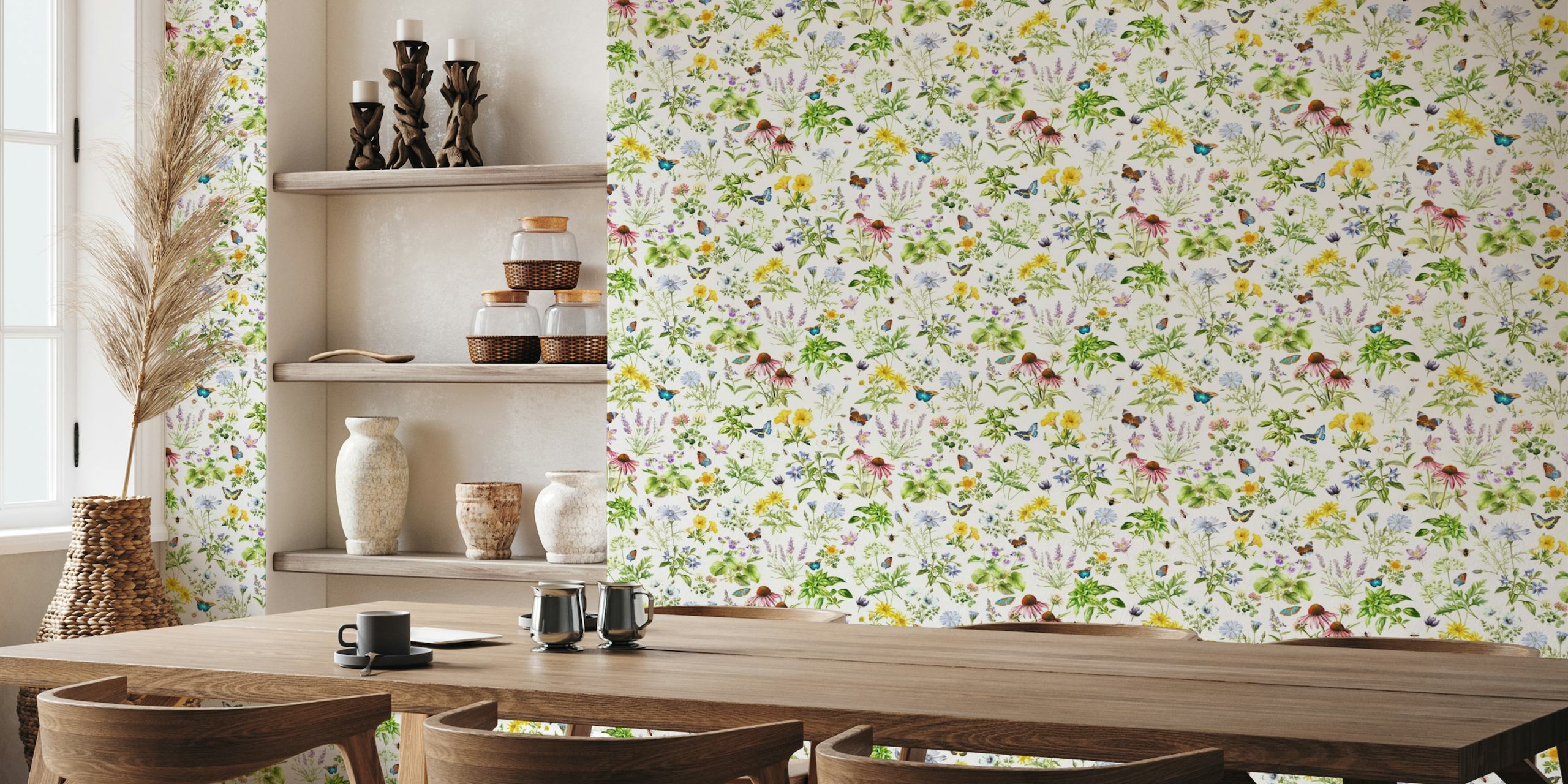 Wall mural featuring herbs, butterflies, and wildflowers on a bright background