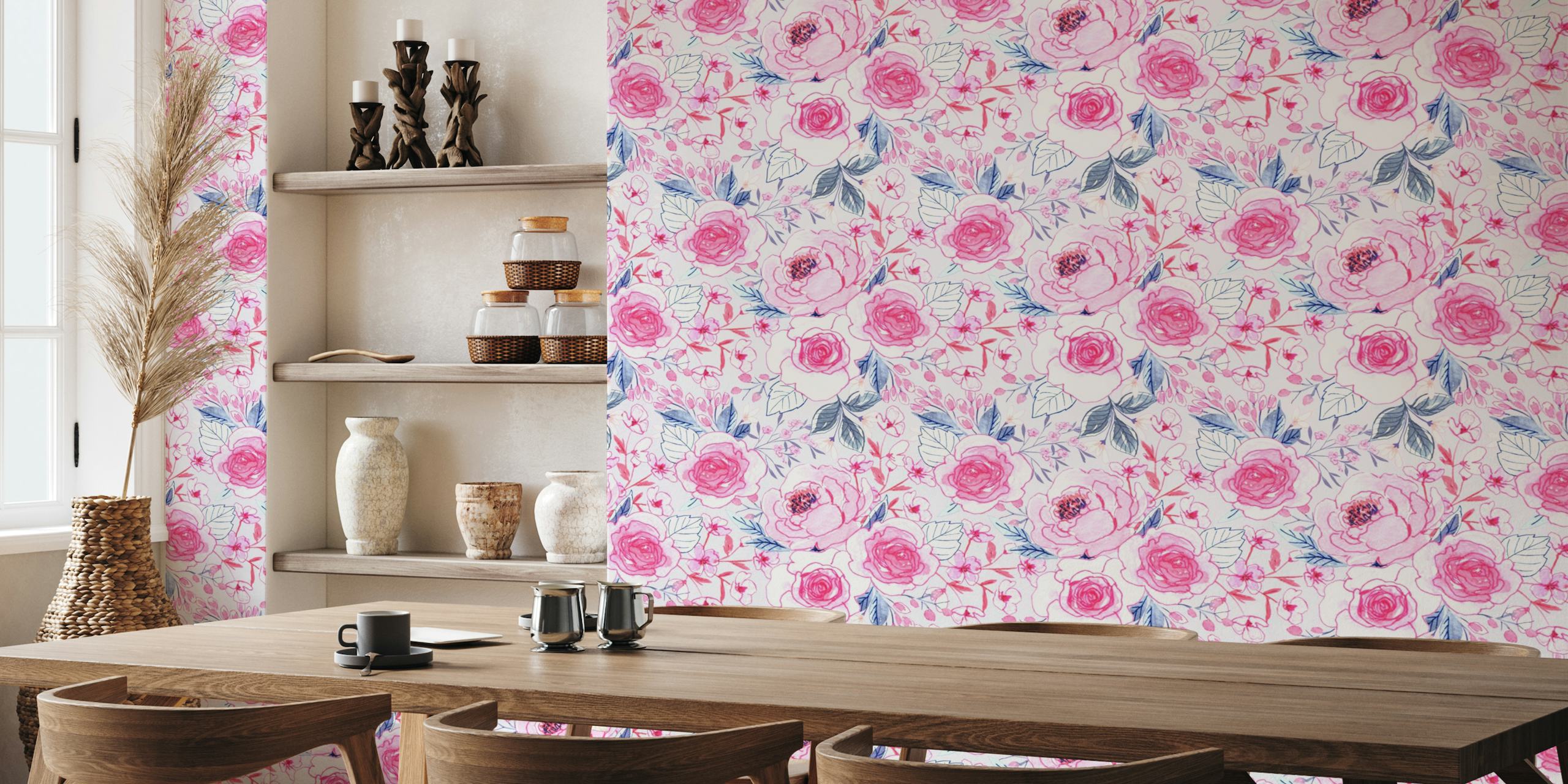 Spring bouquet in pink and blue wallpaper