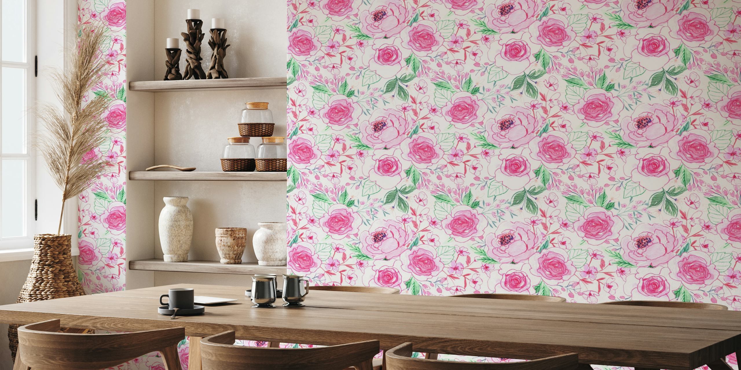 Elegant pink and green watercolor floral wall mural