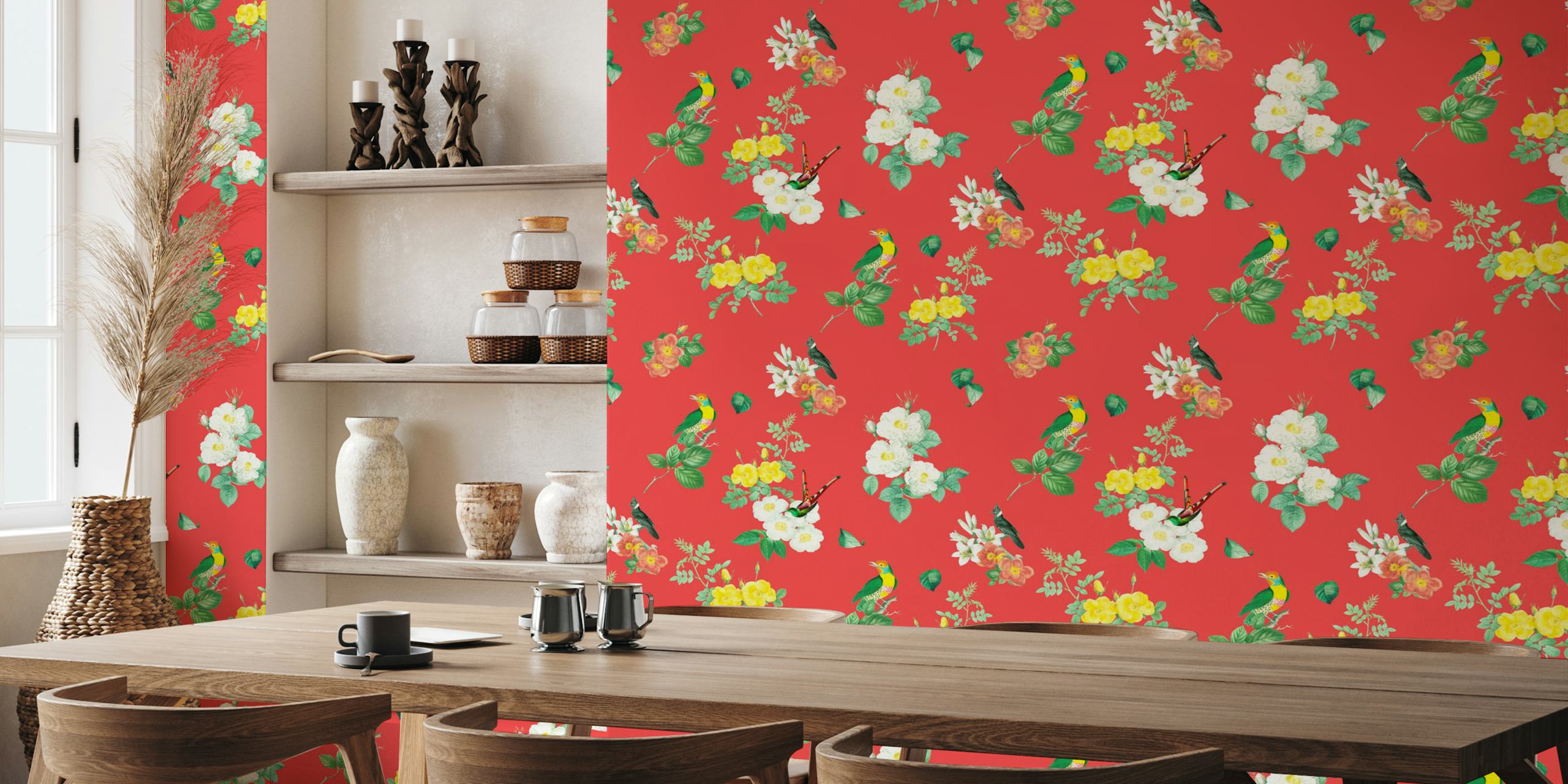 Ταπετσαρία Tropical Bird Garden Red σε ένα δωμάτιο