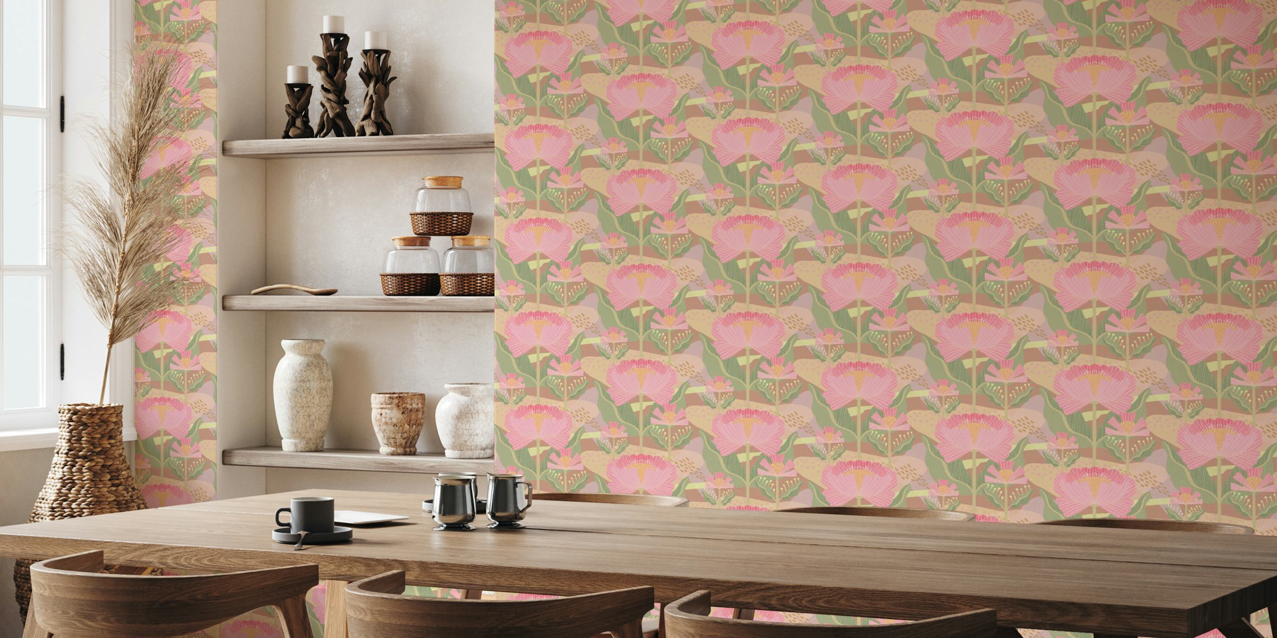 Papel pintado Water Lilies Pattern Pink en una habitación