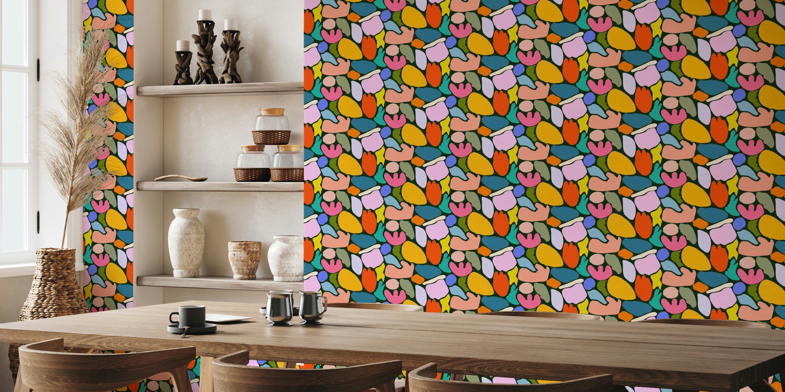 Abstract floral wall mural on a black background with colorful shapes