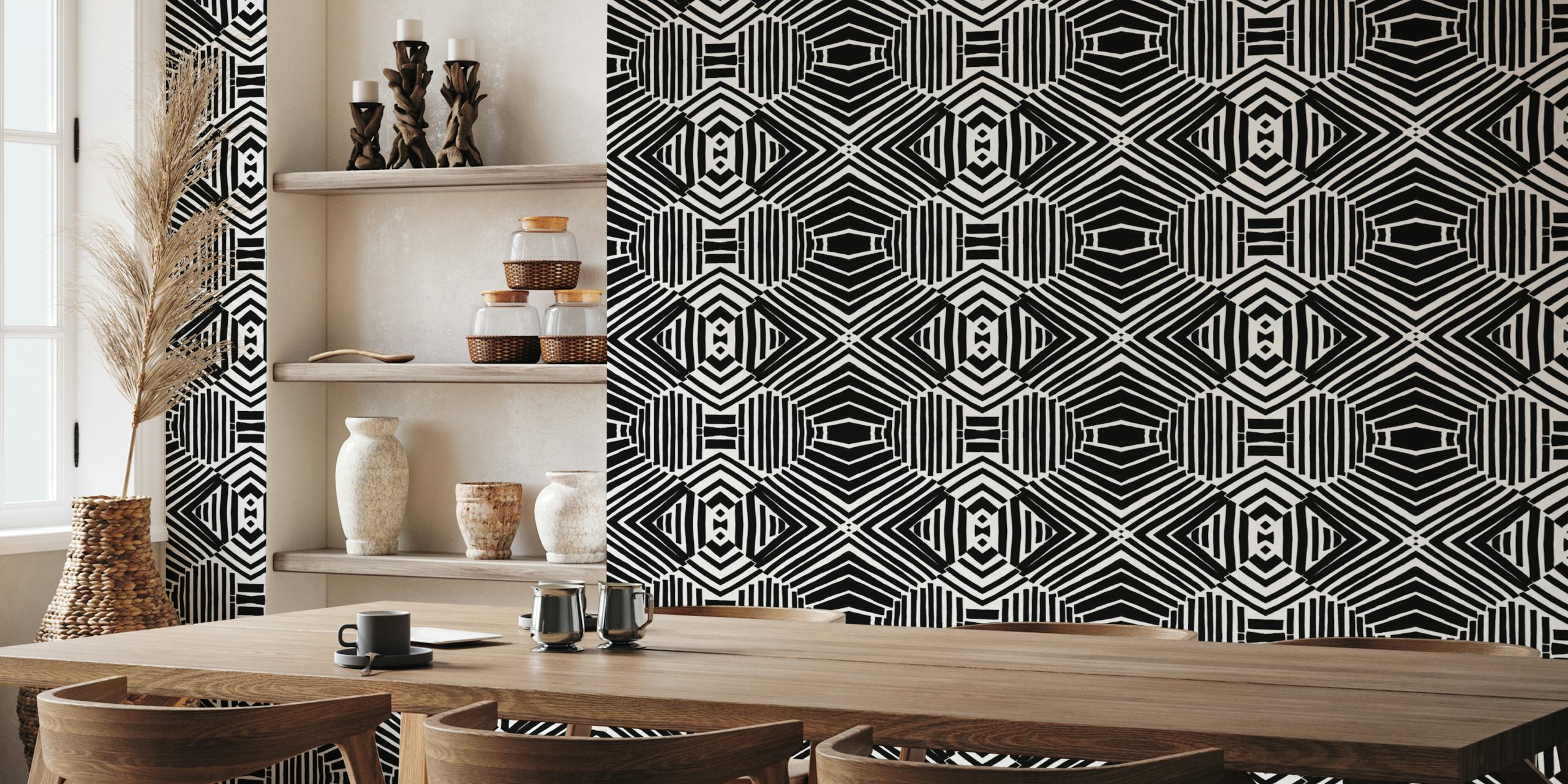 Geometric striped black and white wallpaper with tribal motifs