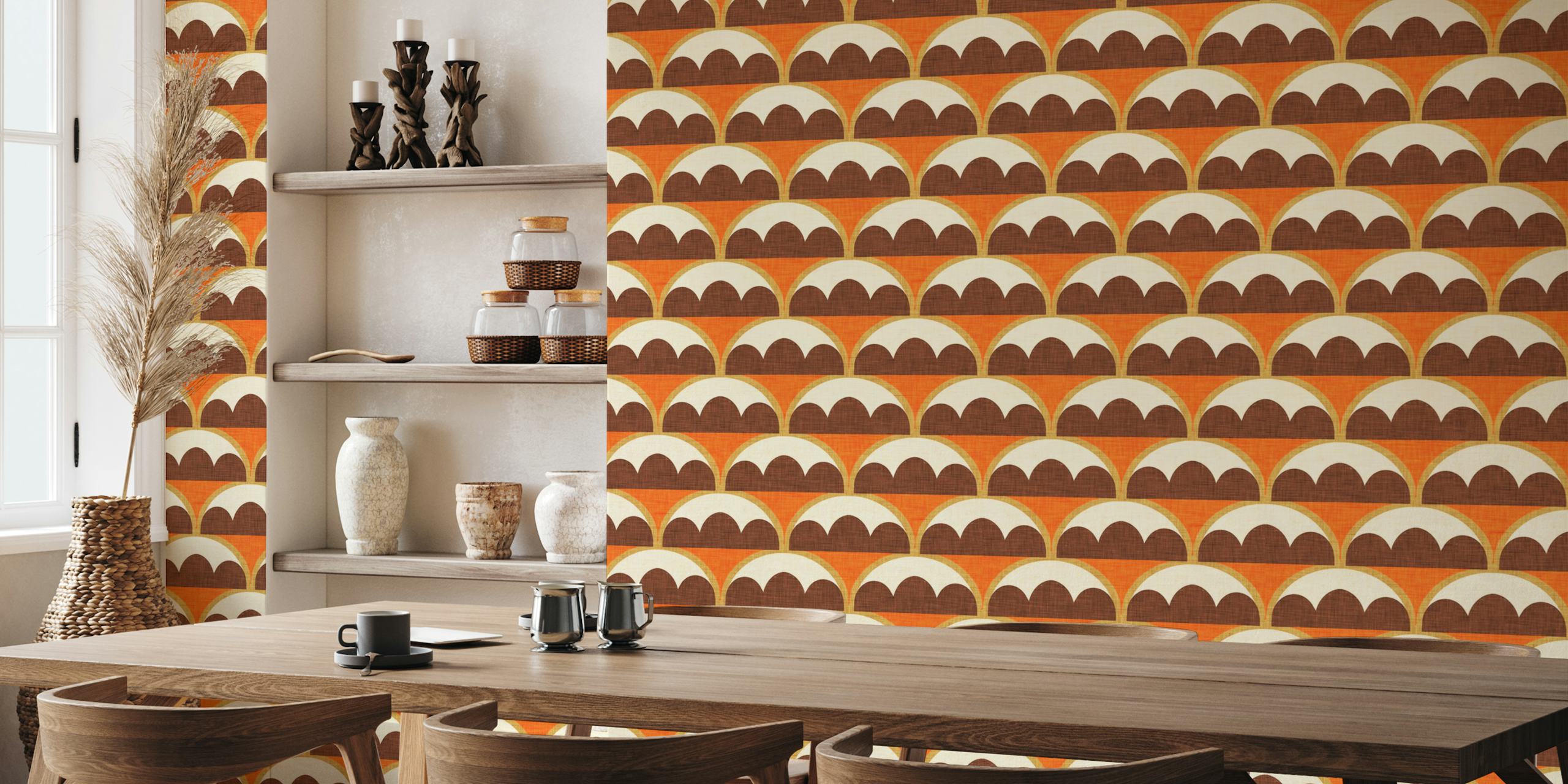 Geometric orange and brown pattern wallpaper, mid century style