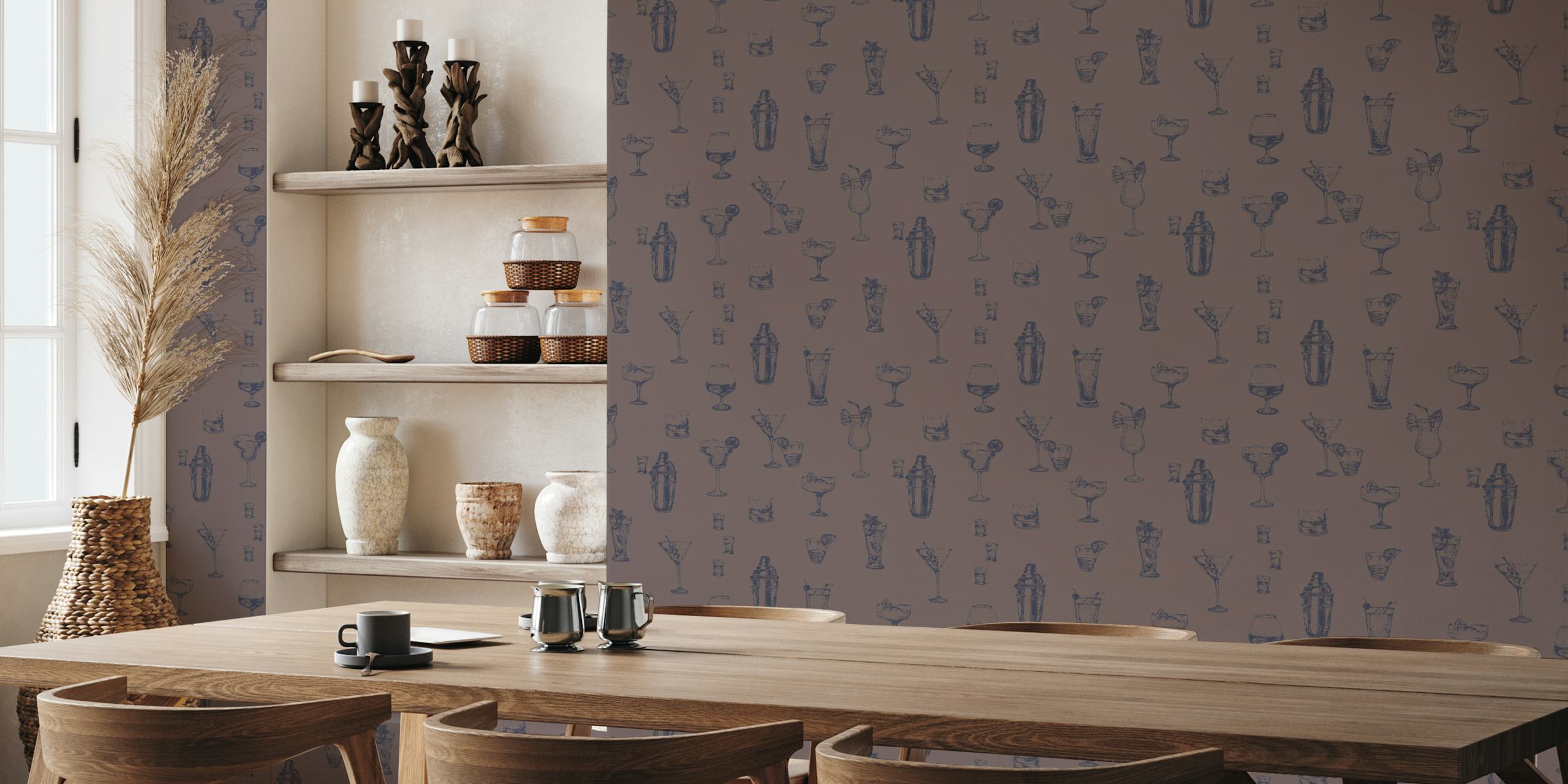 Vintage cocktail glass patterns in deep purple and navy wallpaper