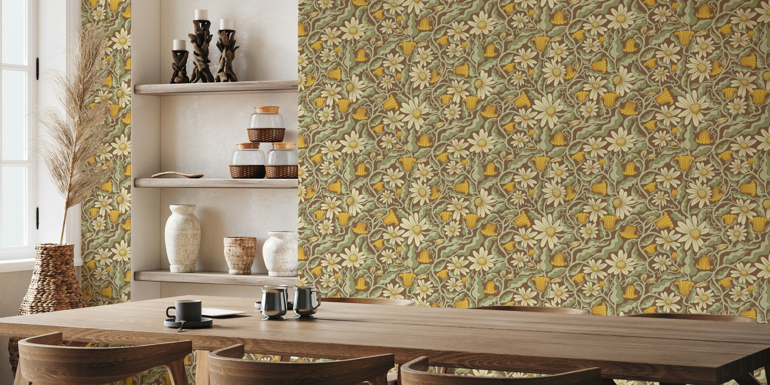 Climbing Flowers on Coffee Brown Pattern ταπετσαρία