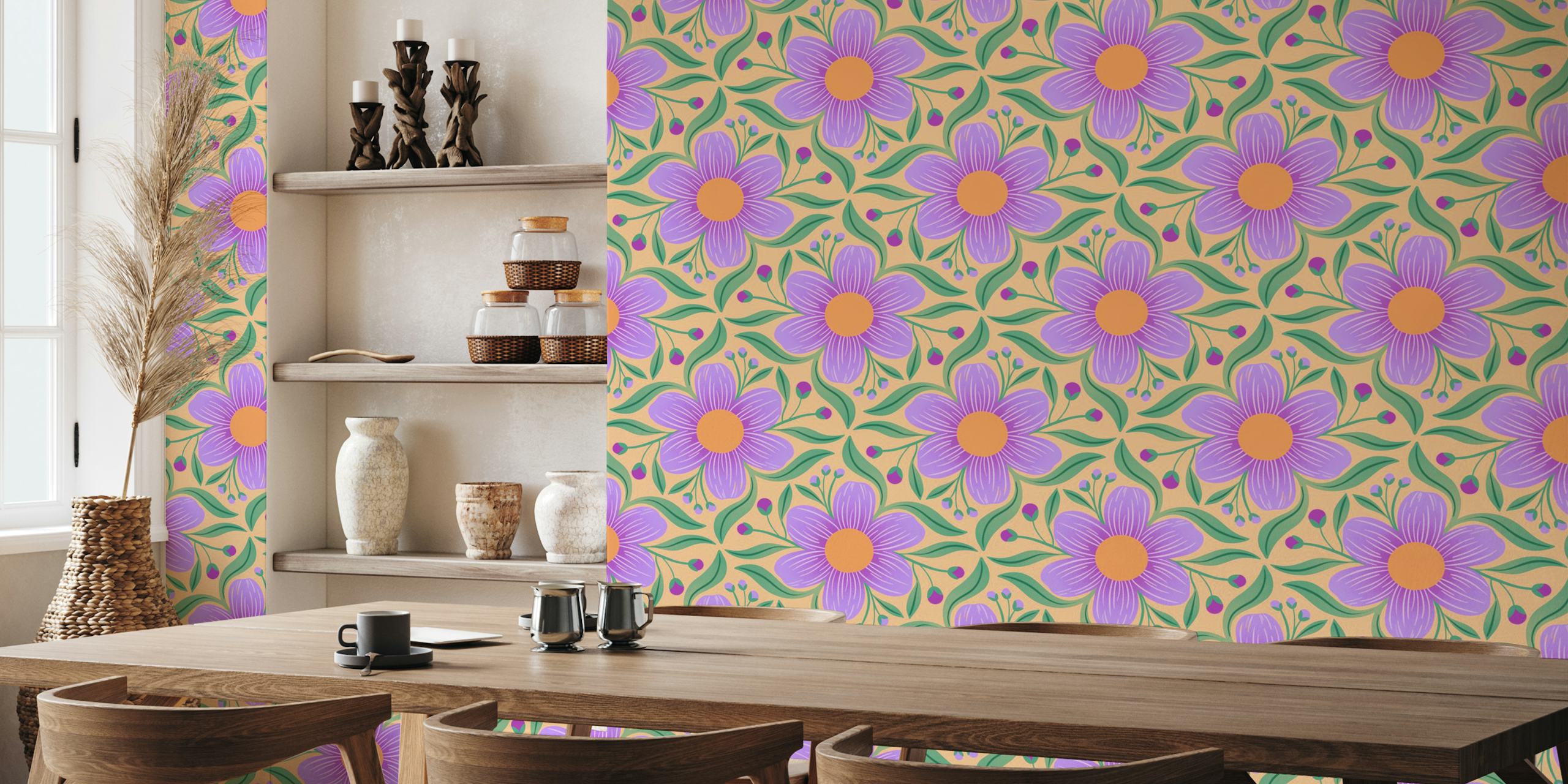 Vibrant purple flowers with green leaves on orange background wallpaper