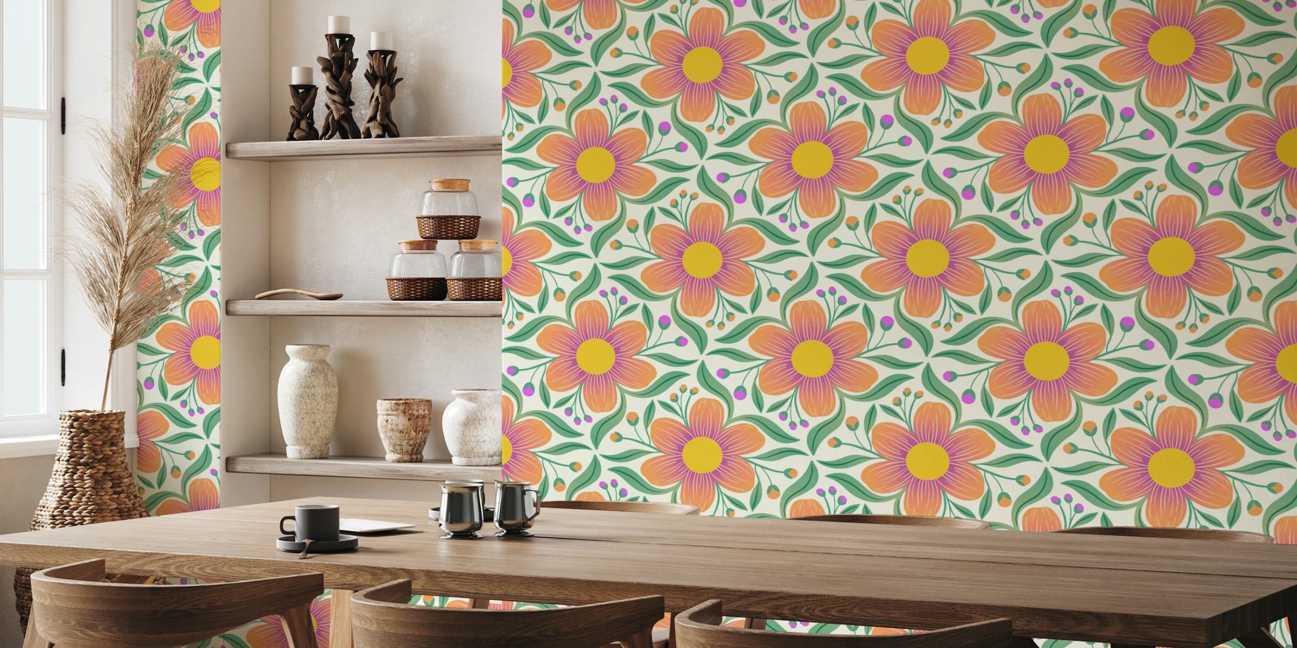 Retro-tyylinen kukkakuvioinen seinämaalaus ylisuurilla kukilla vaaleanvihreällä taustalla.