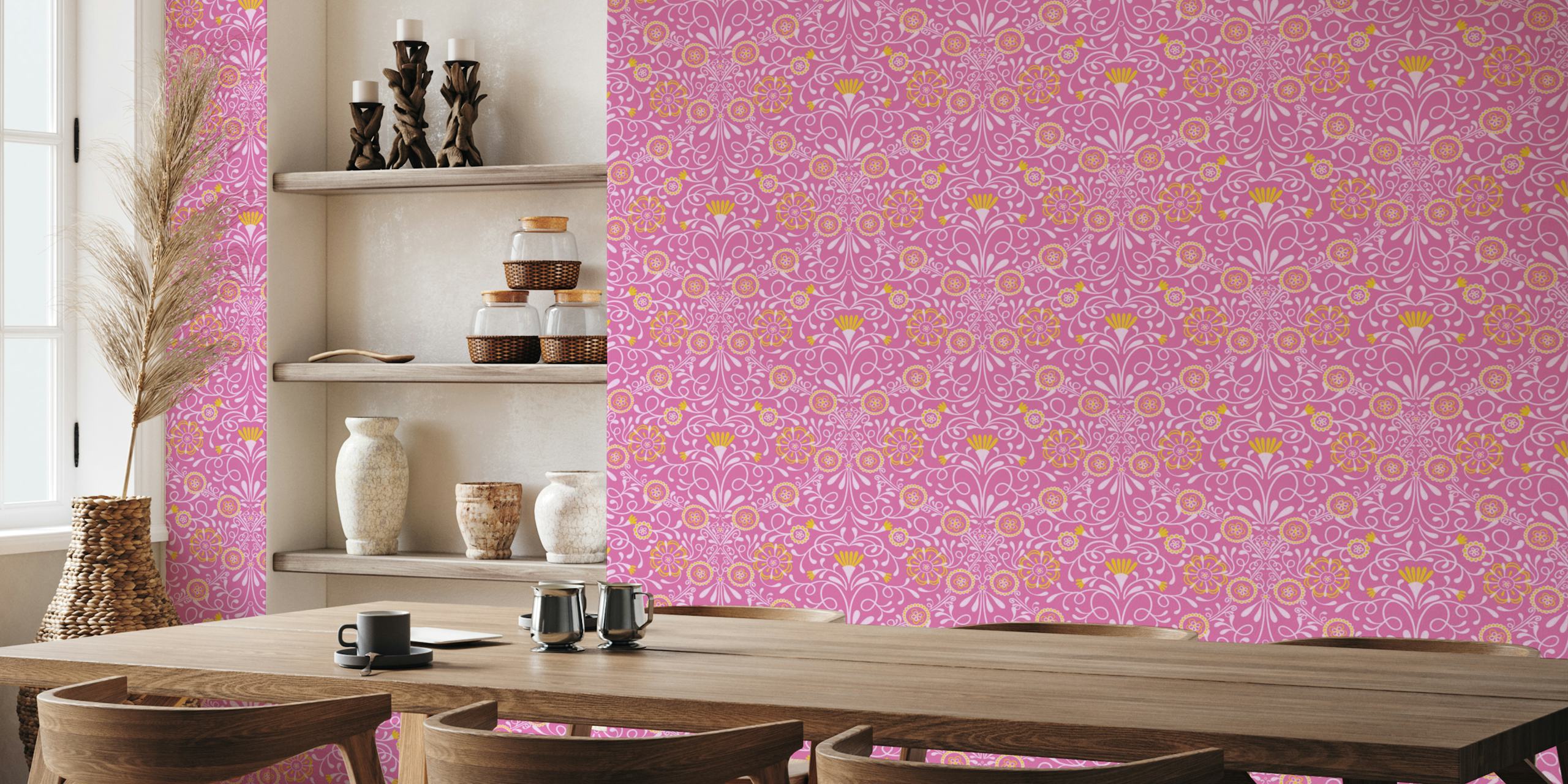 Tuscan Tile veggmaleri i rosa og gult med intrikate mønstre