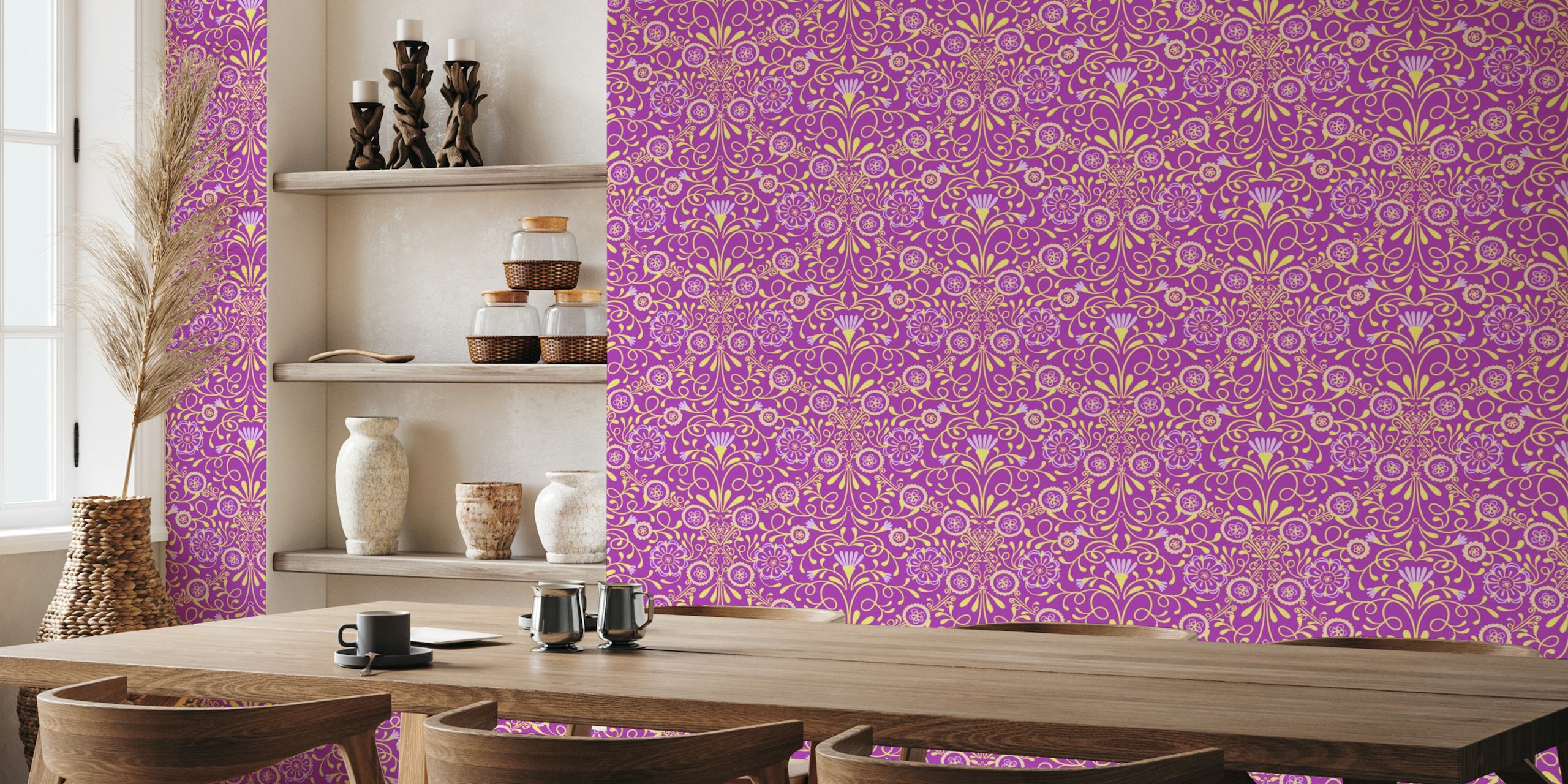 Tuscan Tile in Magenta, Yellow, and Purple wallpaper