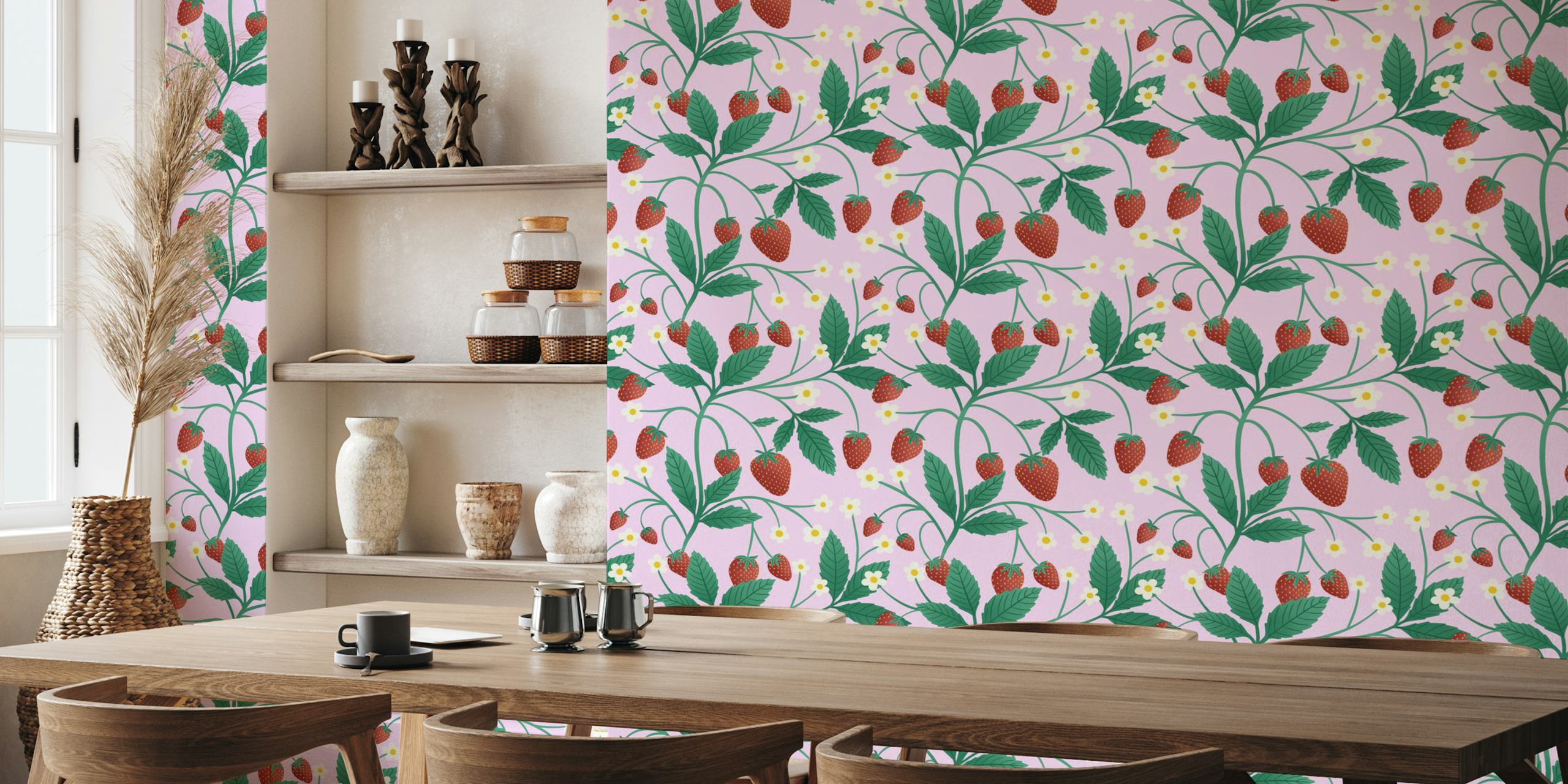 Behang met Strawberry on Pink-patroon in een kamer
