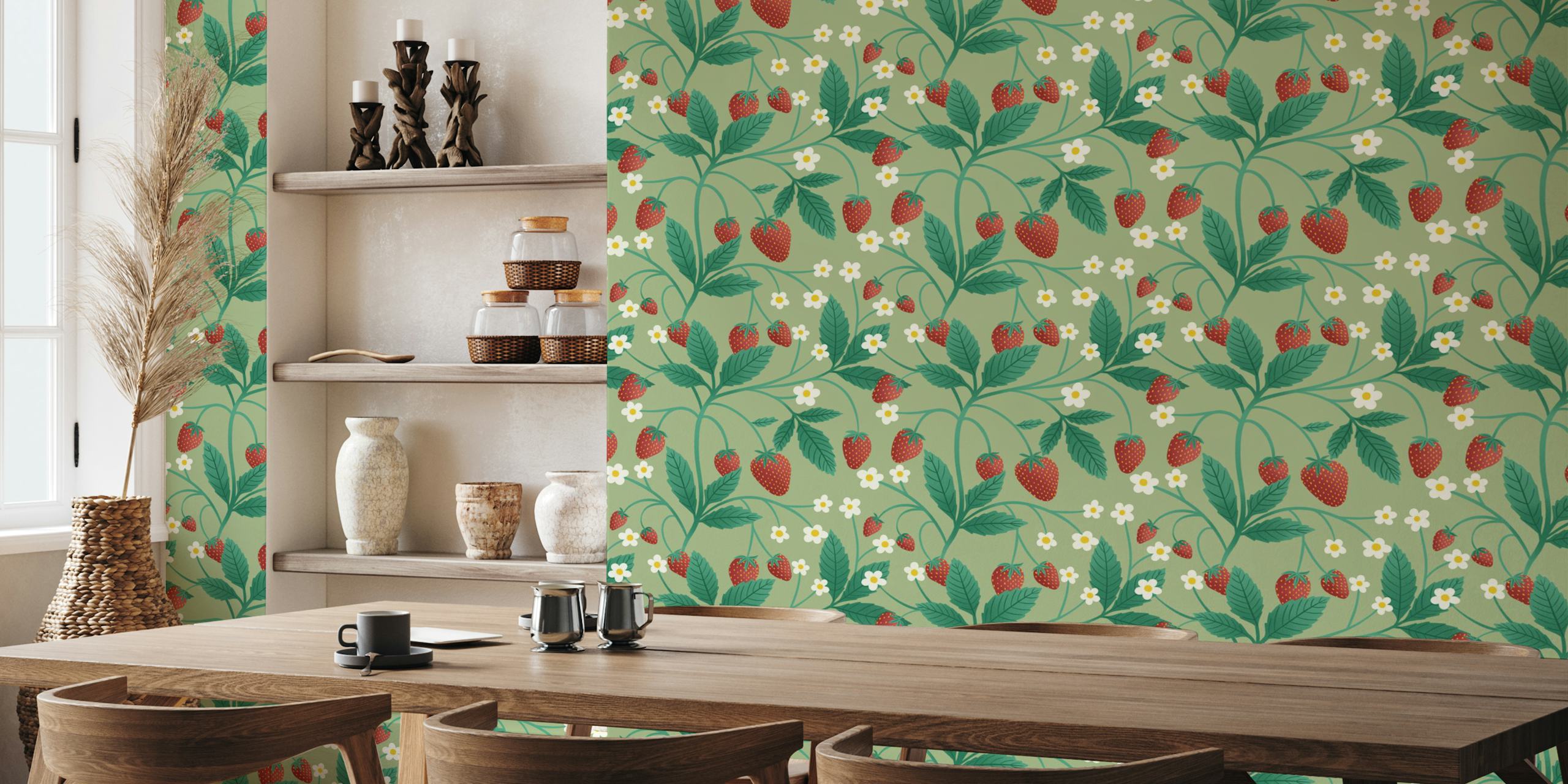 Strawberries and white flowers on green background wallpaper