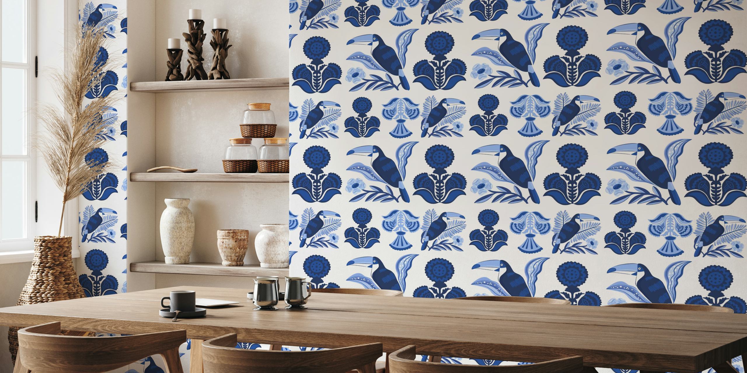 Tropical toucans, blue floral patterns, modern wallpaper