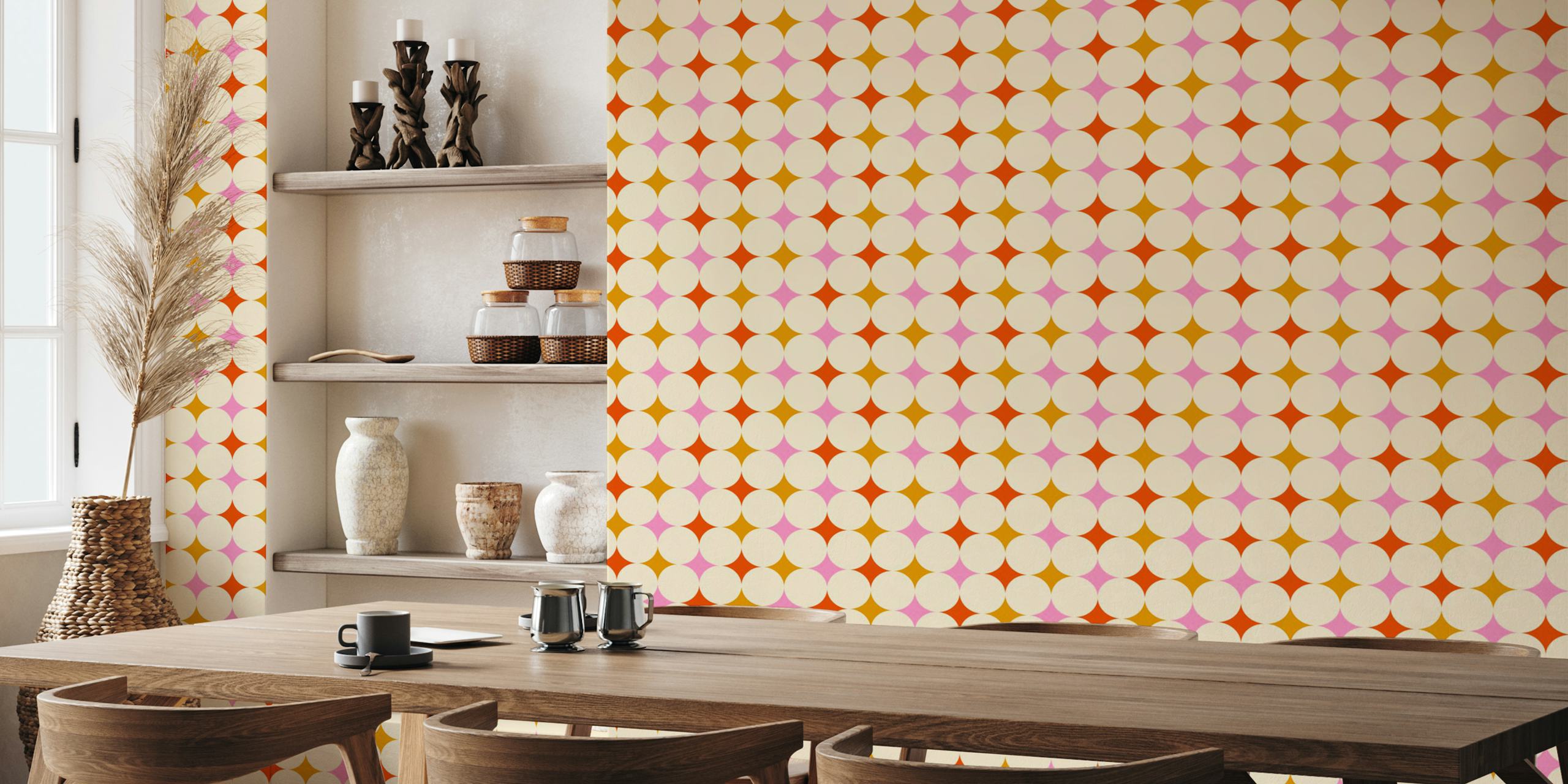 Colorful retro diamond pattern in pink, orange on cream wallpaper