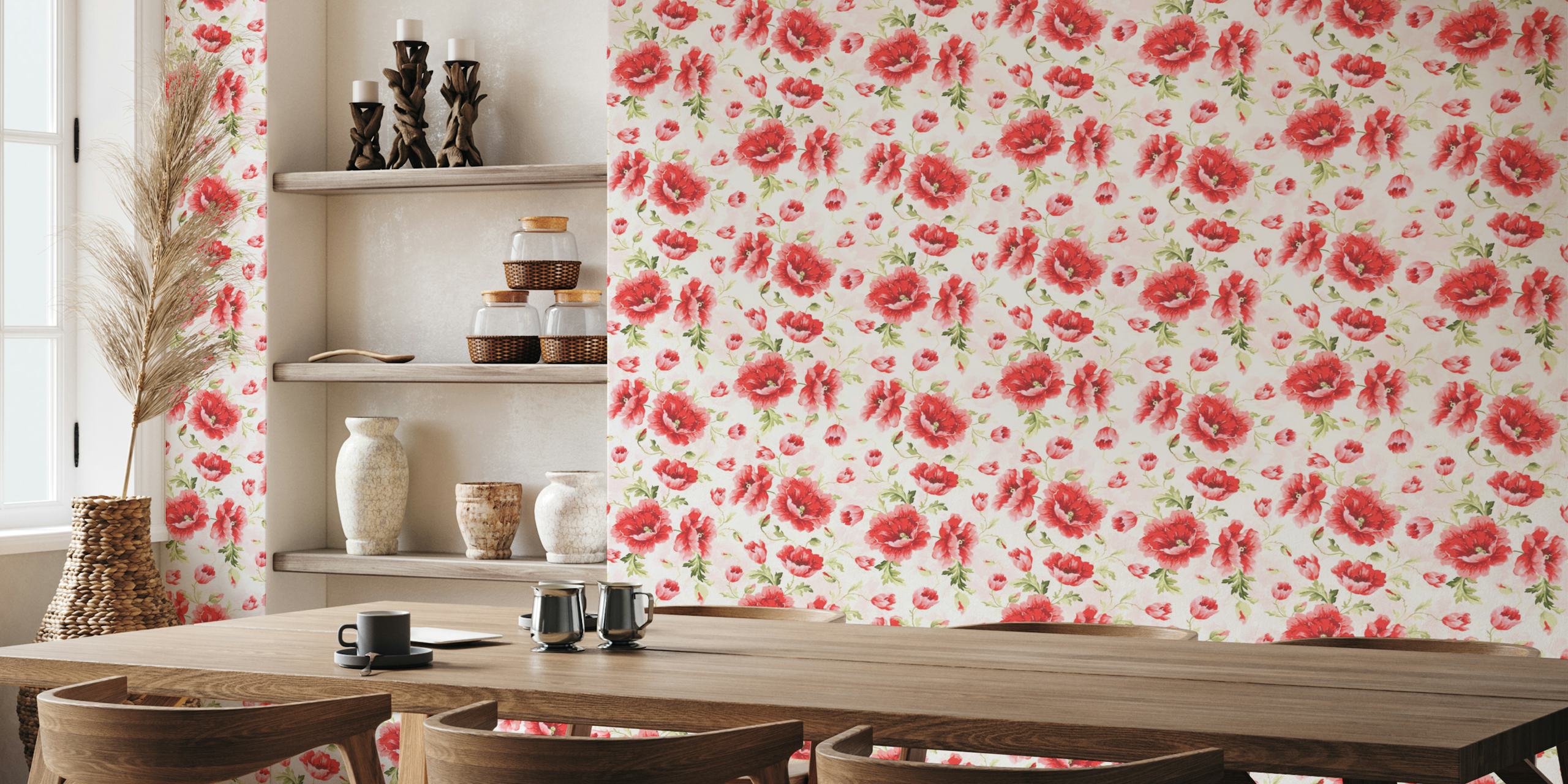 Lush poppy and rose flowers wallpaper in a room